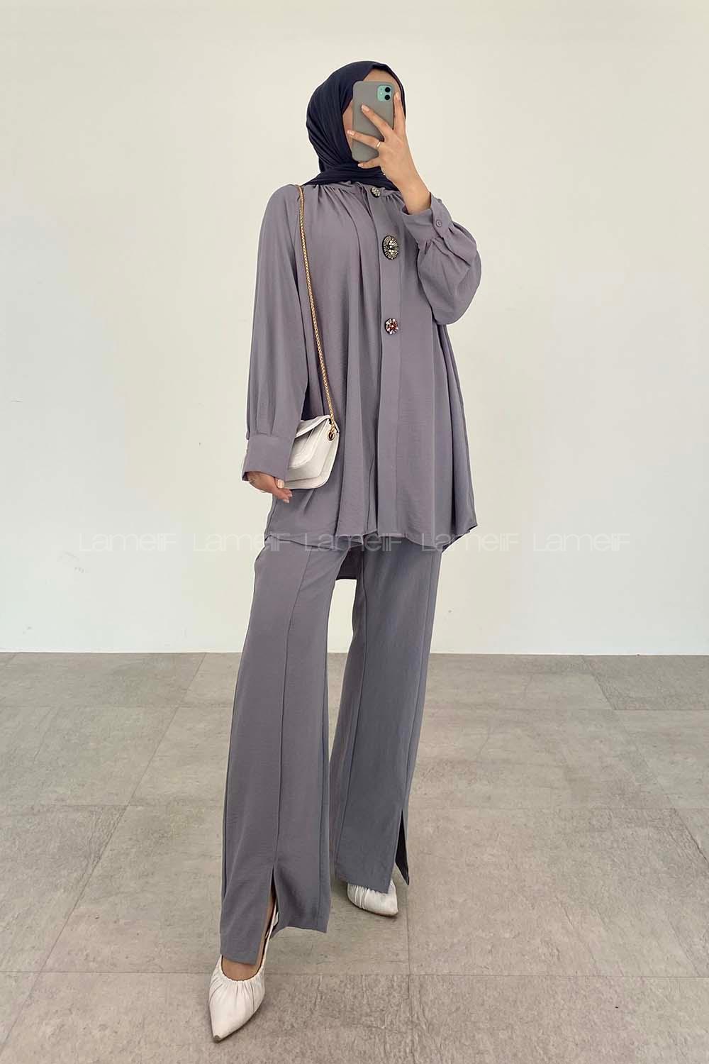 Gray Mandarin Collar Long Arm With Brooch Ayrobin Regular Trousers Comfortable Suit