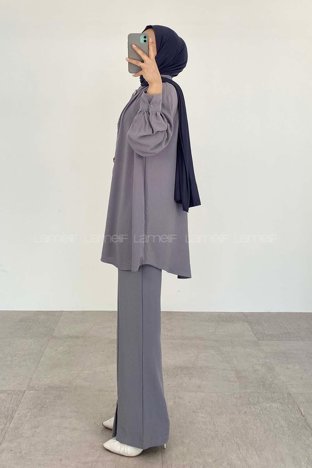 Gray Mandarin Collar Long Arm With Brooch Ayrobin Regular Trousers Comfortable Suit