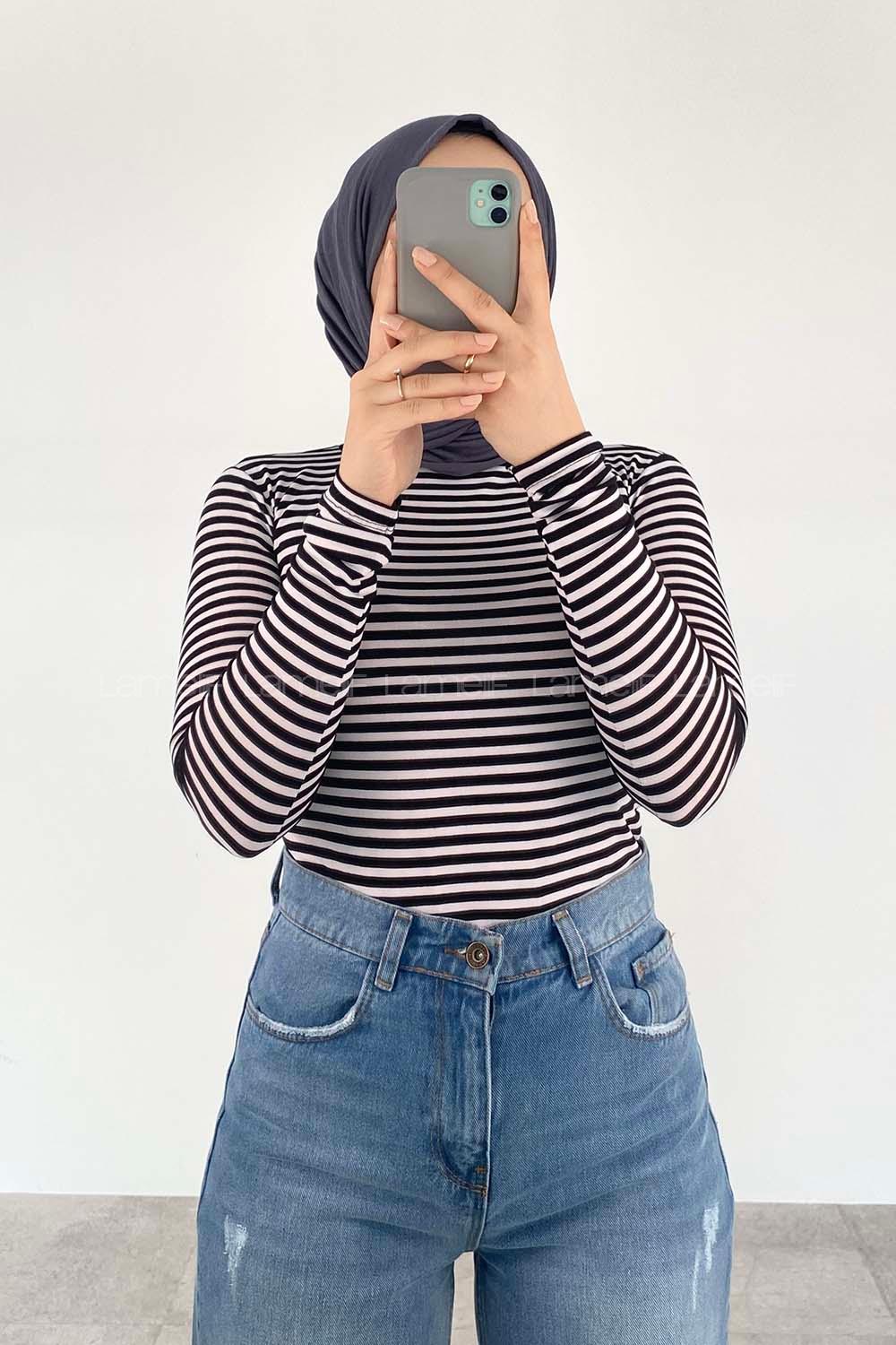 Lamelif Bisiklet Yaka Çizgili Body Siyah Beyaz