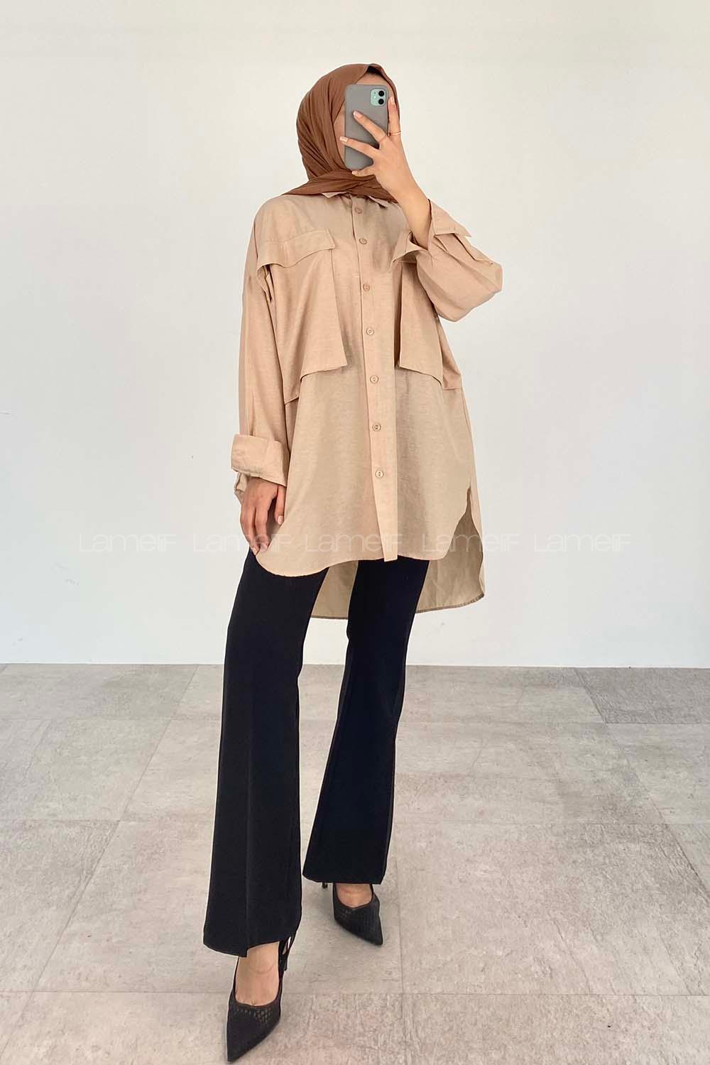 Beige Shirt Collar Cotton Unprinted Tunic