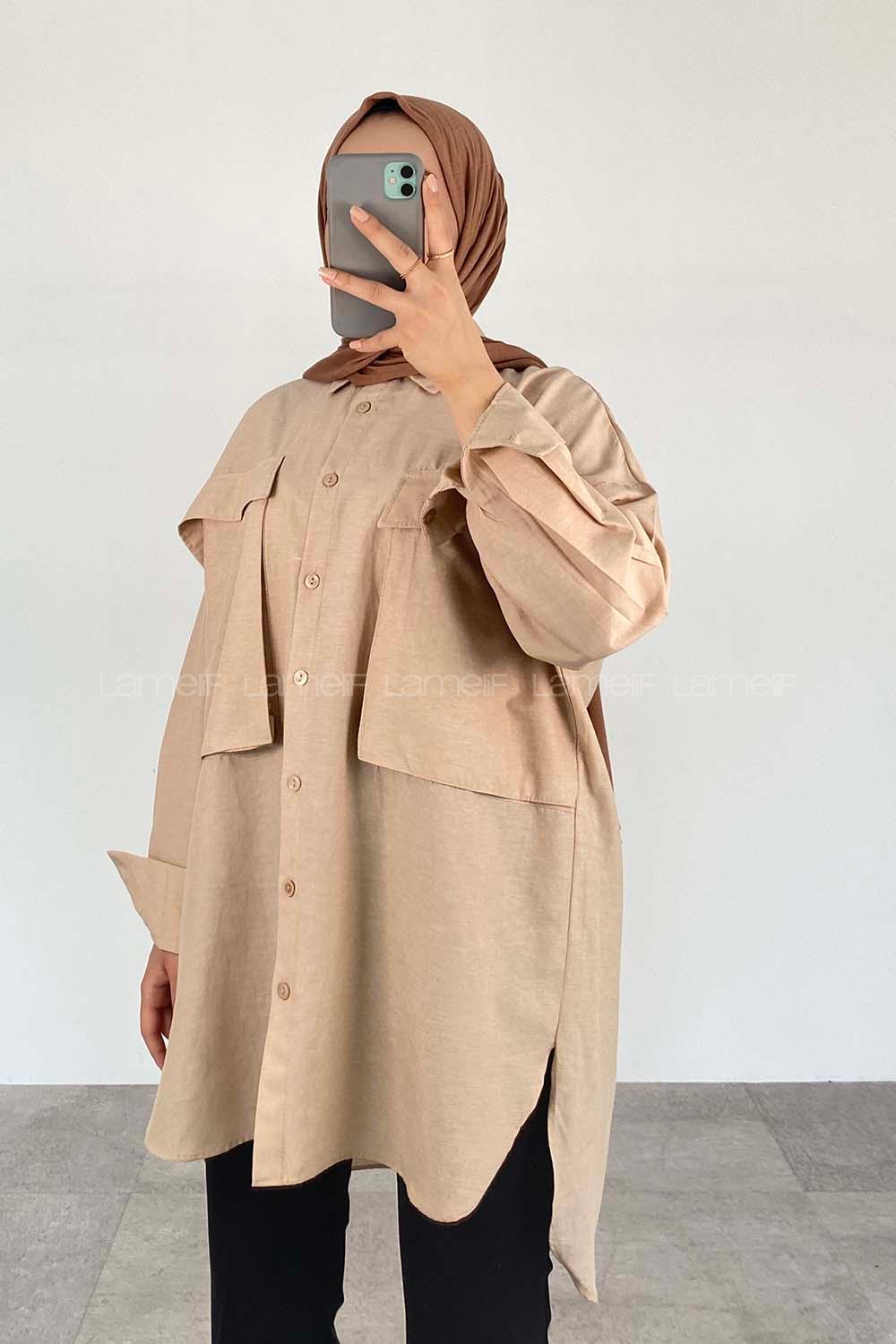 Beige Shirt Collar Cotton Unprinted Tunic