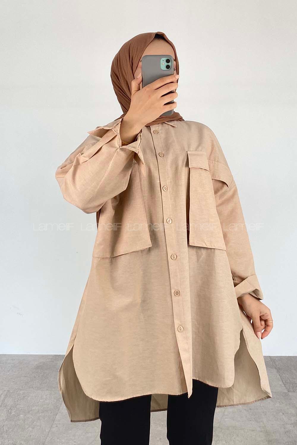 Beige Shirt Collar Cotton Unprinted Tunic