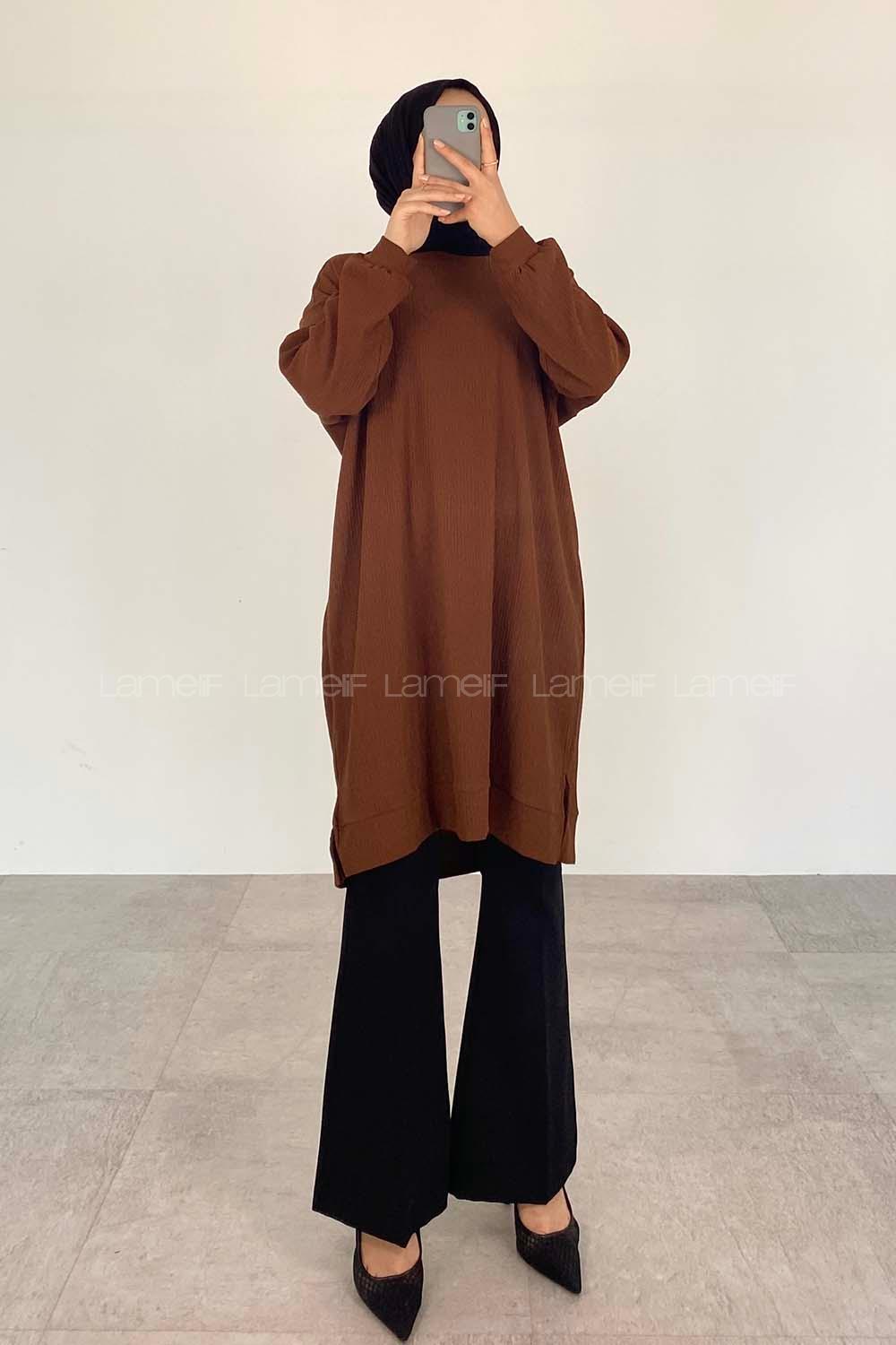 Bitter Brown Crew Neck Viscose Fabric Unprinted Tunic