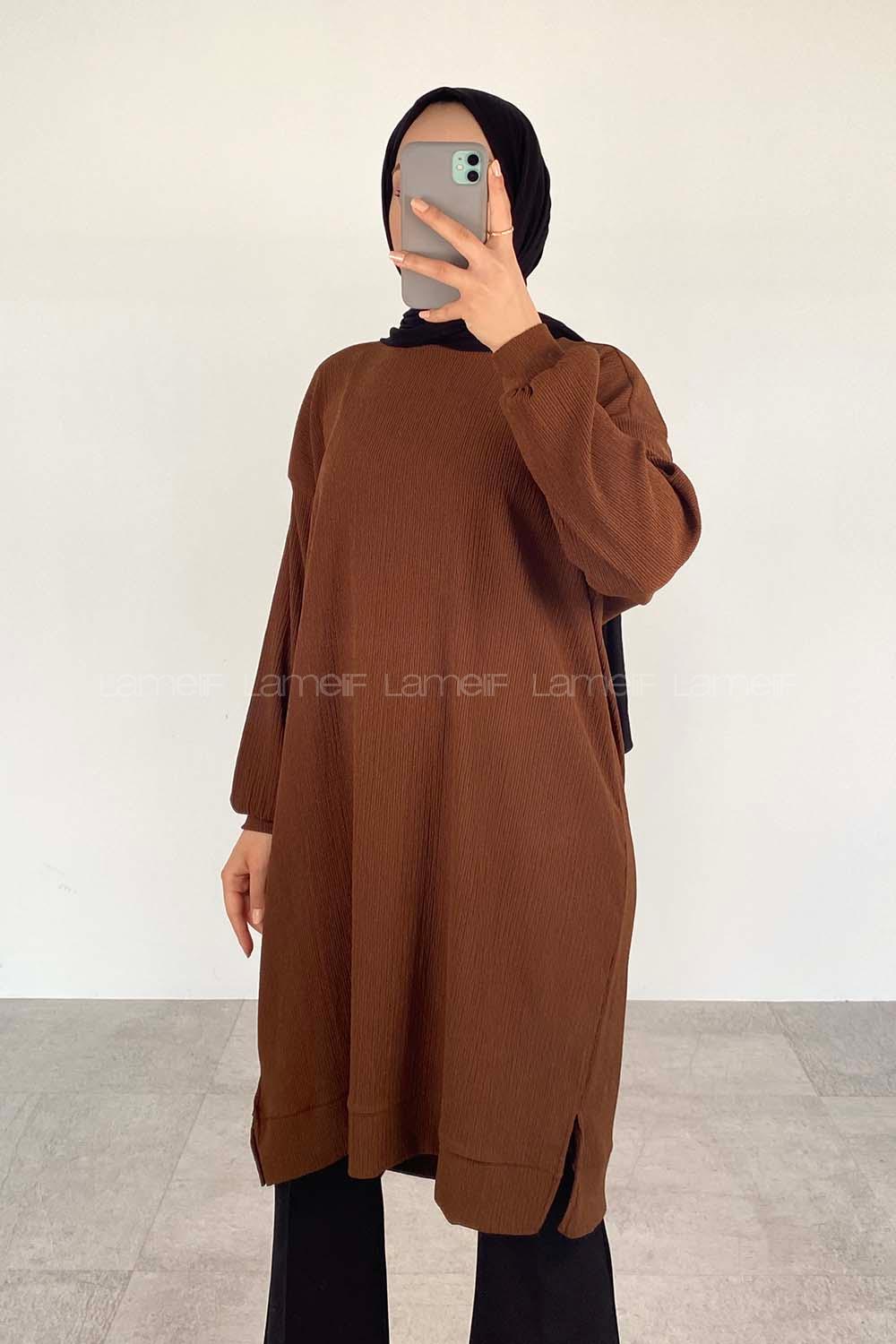 Bitter Brown Crew Neck Viscose Fabric Unprinted Tunic