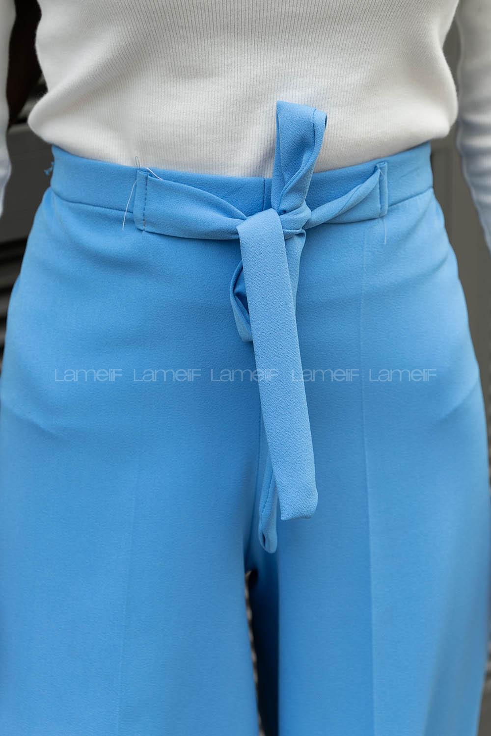 Blue Crepe Fabric High Waist Material Pants