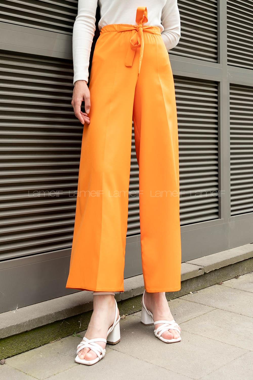 Orange Crepe Fabric High Waist Material Pants
