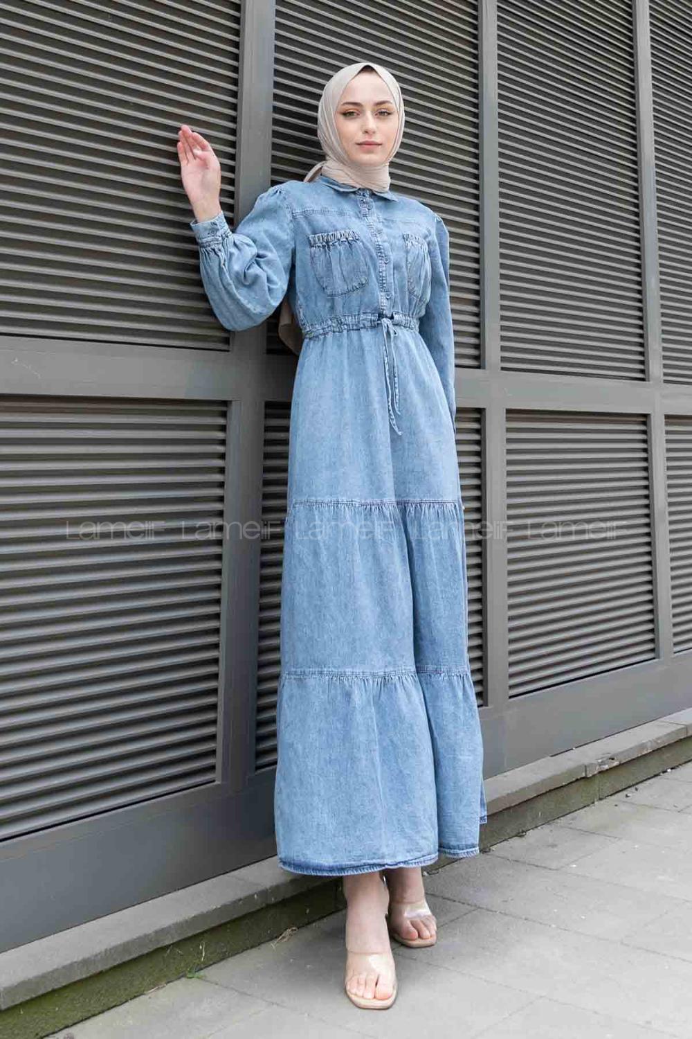 Denim Blue Shirt Collar Denim Unprinted Dresess