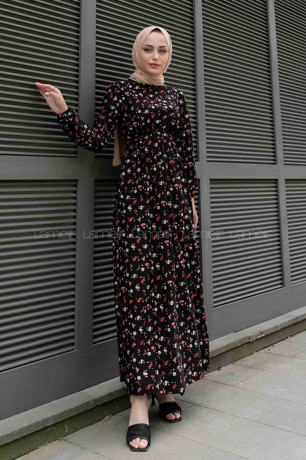 Black Red Crew Neck Crepe Fabric Printed Dresess