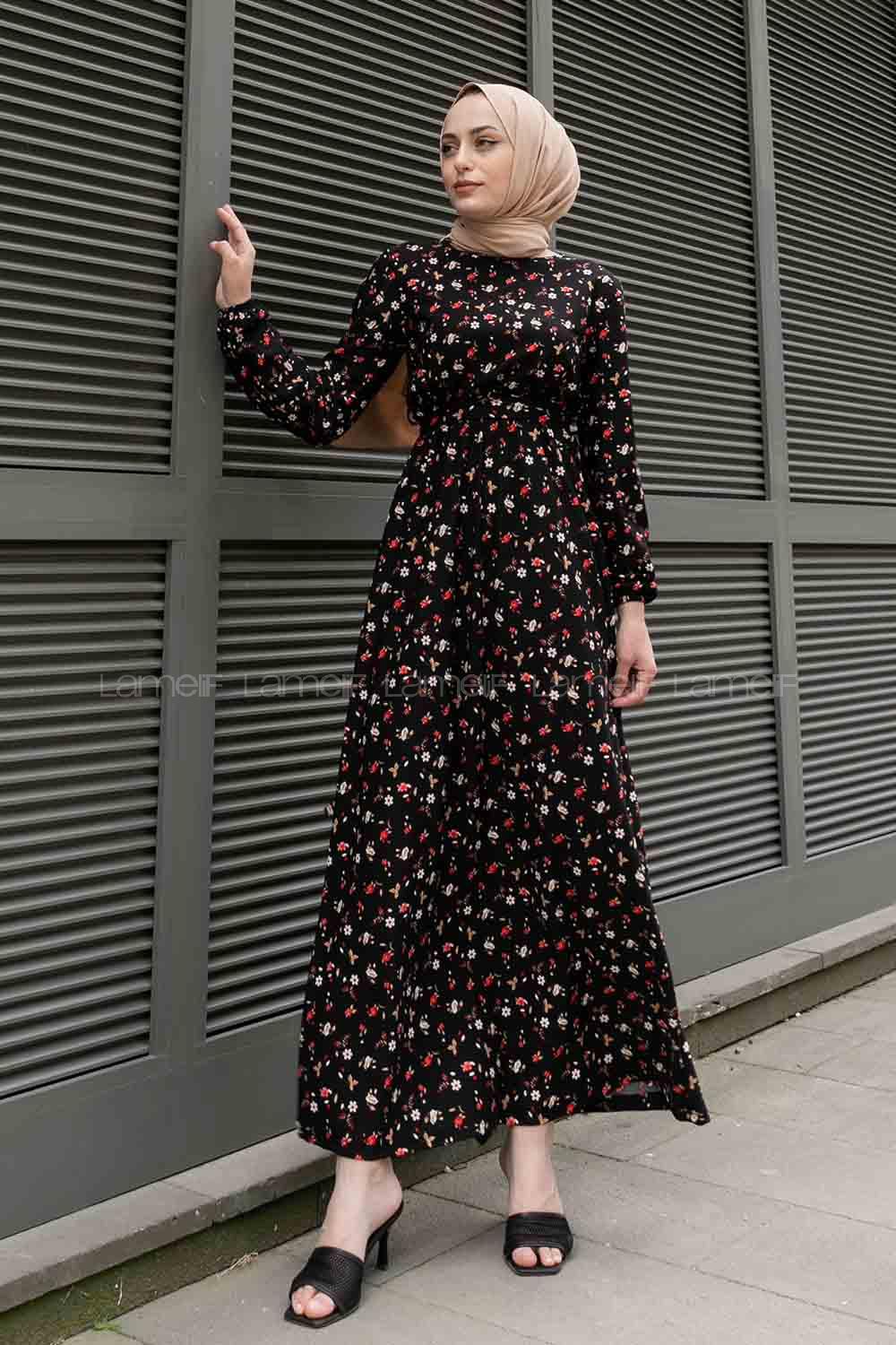 Black Red Crew Neck Crepe Fabric Printed Dresess