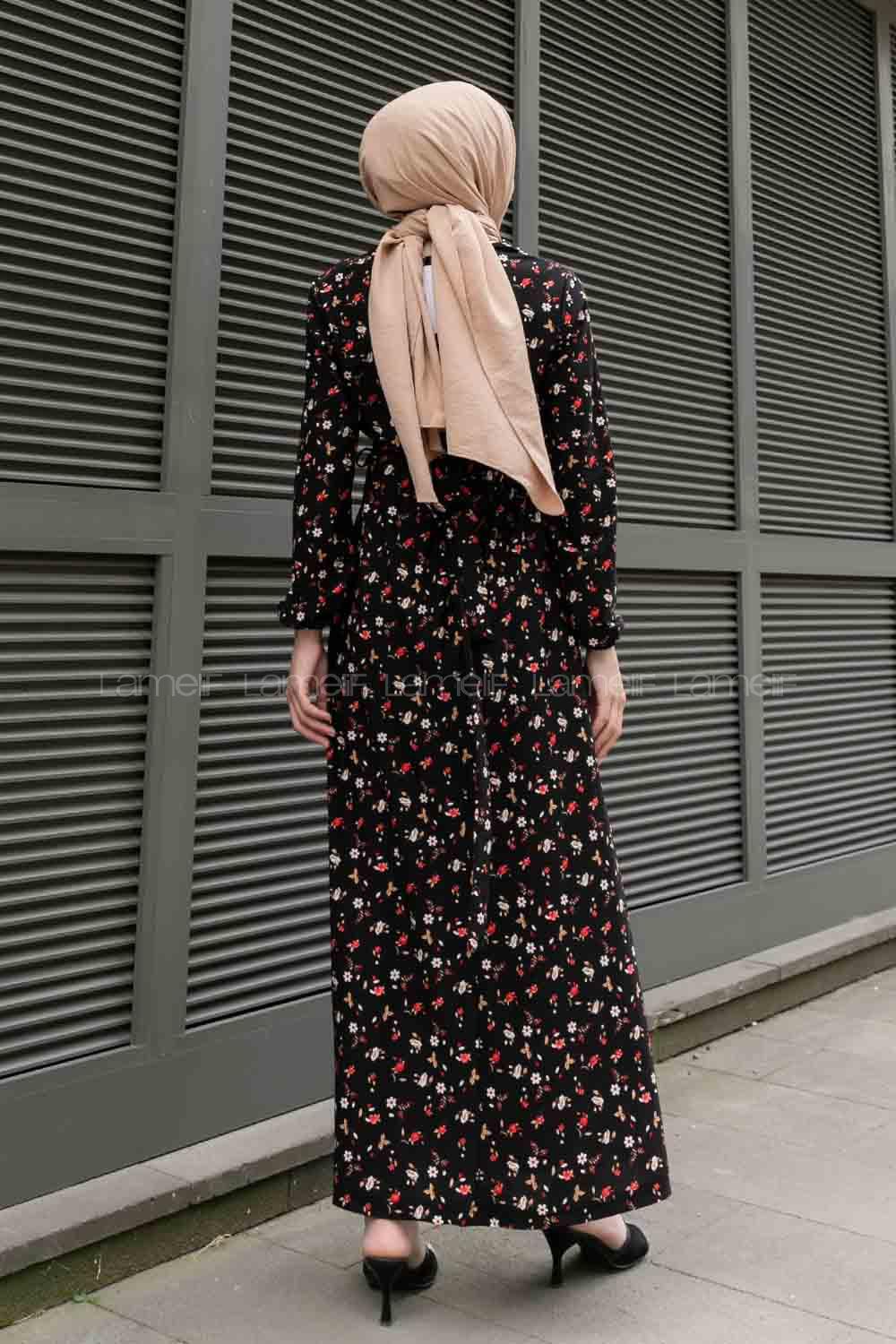 Black Red Crew Neck Crepe Fabric Printed Dresess