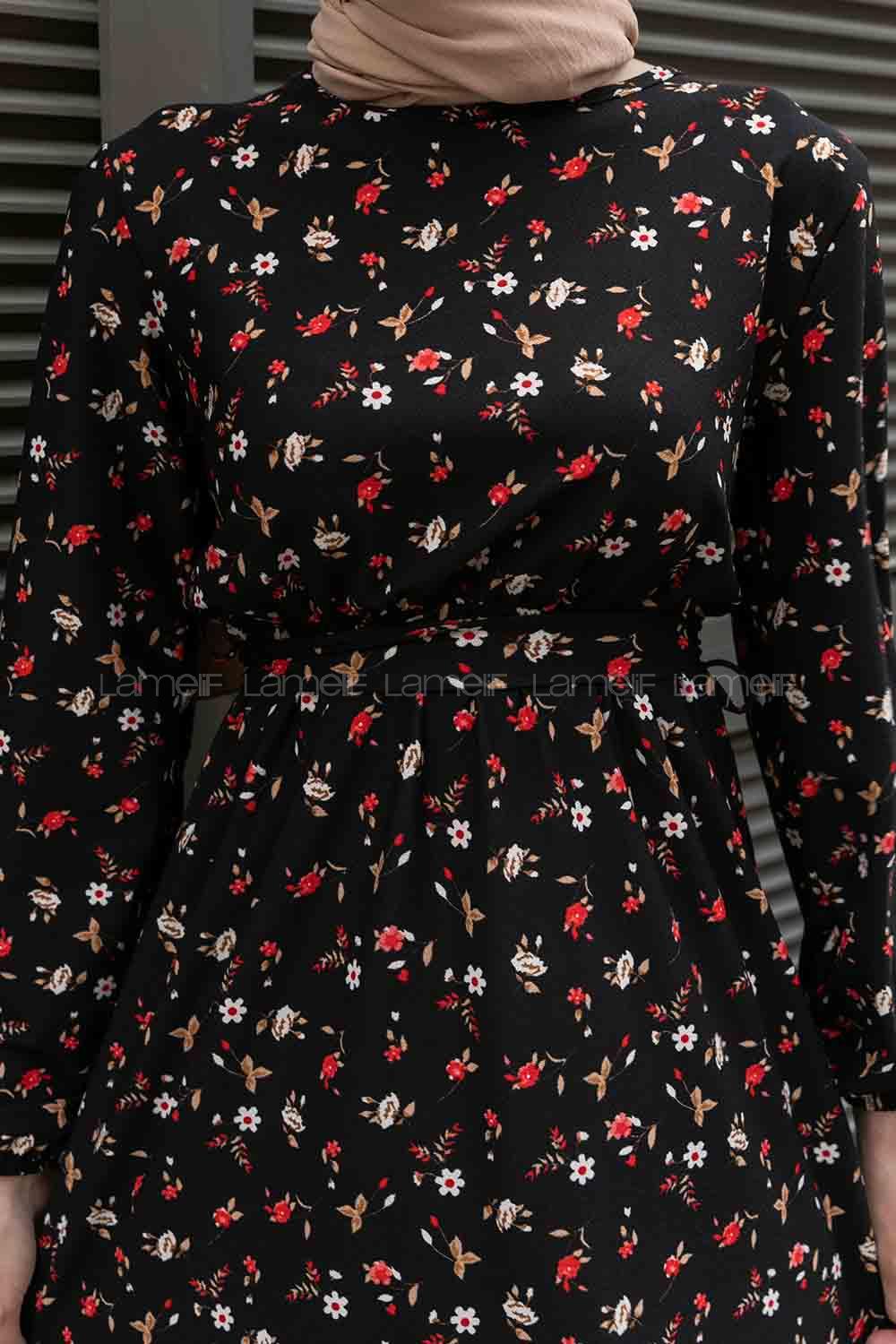 Black Red Crew Neck Crepe Fabric Printed Dresess