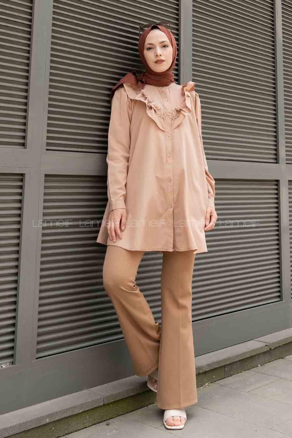 Brown With Milk Shirt Collar Long Arm Cotton Unprinted Shirt