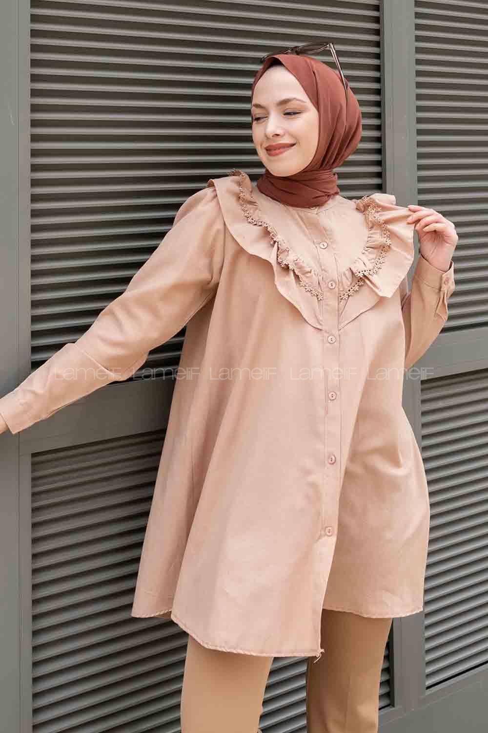 Brown With Milk Shirt Collar Long Arm Cotton Unprinted Shirt