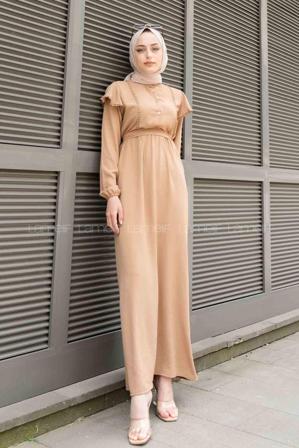 Brown With Milk Shirt Collar Cotton Unprinted Dresess