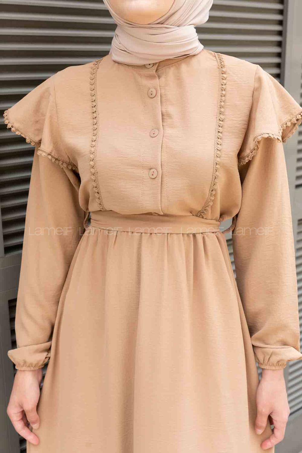 Brown With Milk Shirt Collar Cotton Unprinted Dresess