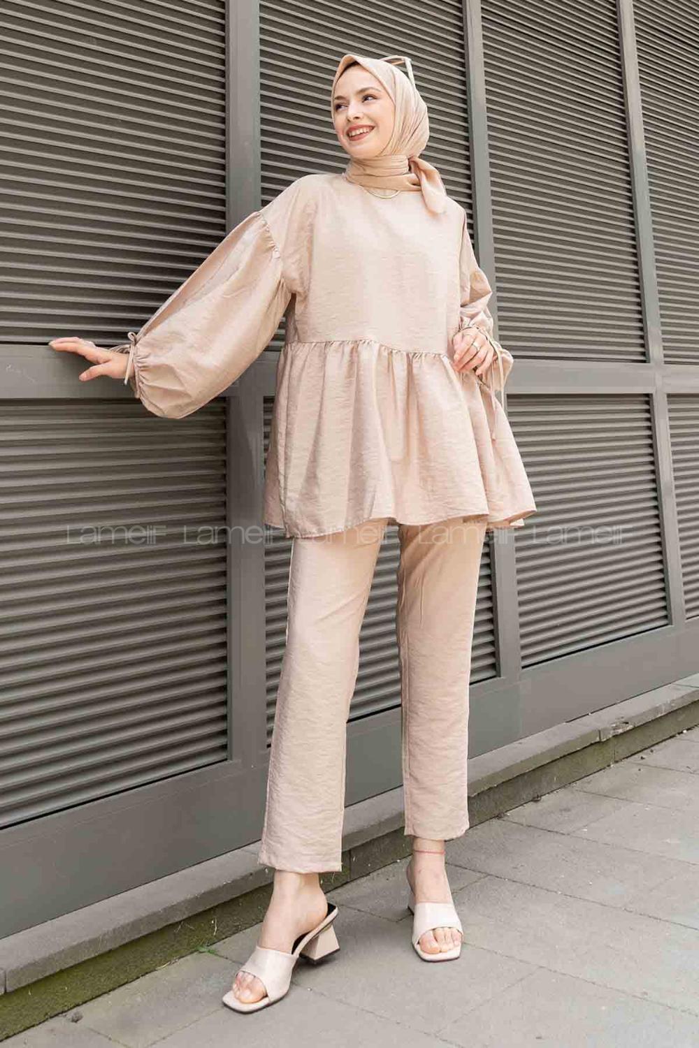 Beige Crew Neck Balloon Sleeve Arm Without Accessories Viscose Fabric Regular Trousers Comfortable Suit