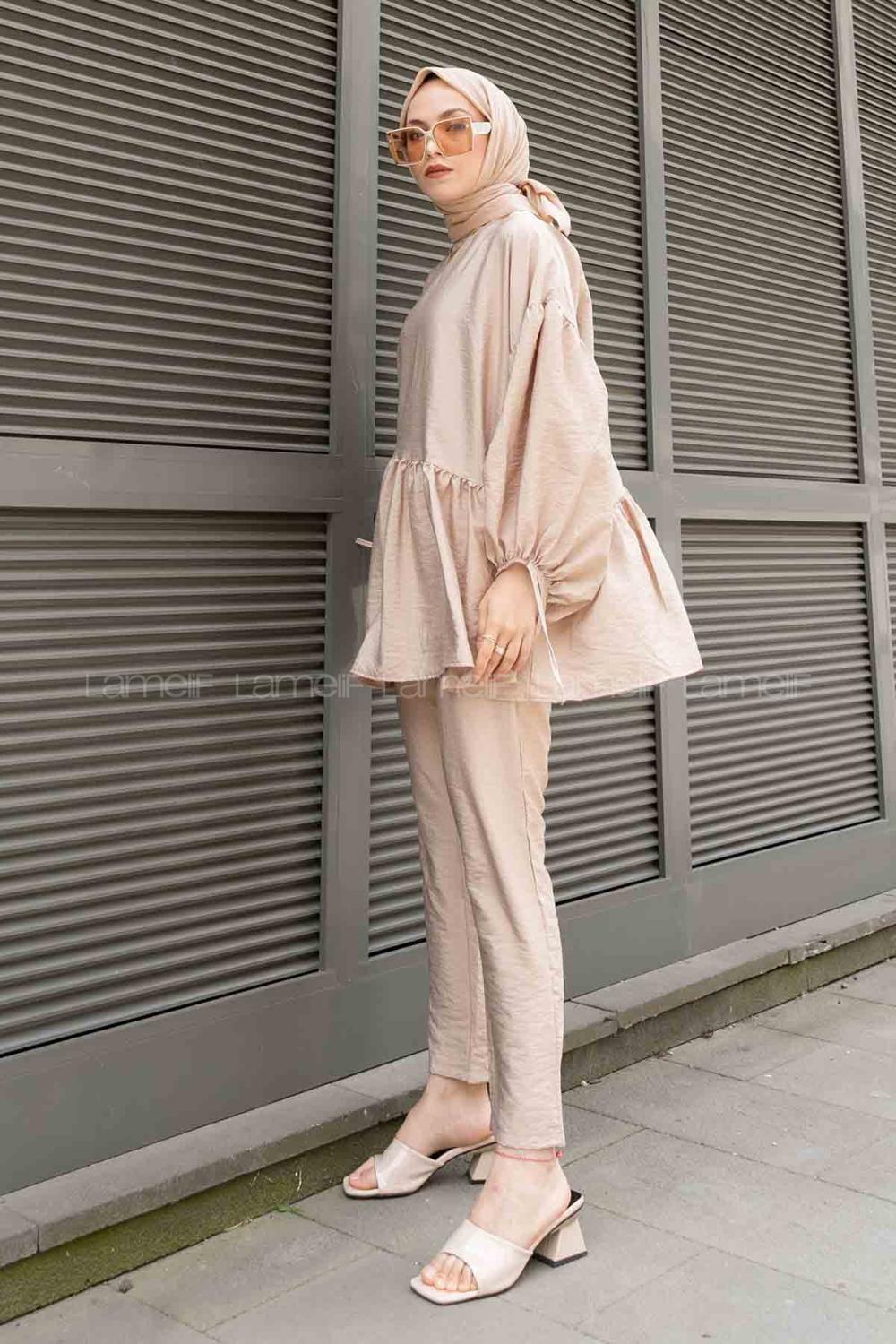 Beige Crew Neck Balloon Sleeve Arm Without Accessories Viscose Fabric Regular Trousers Comfortable Suit