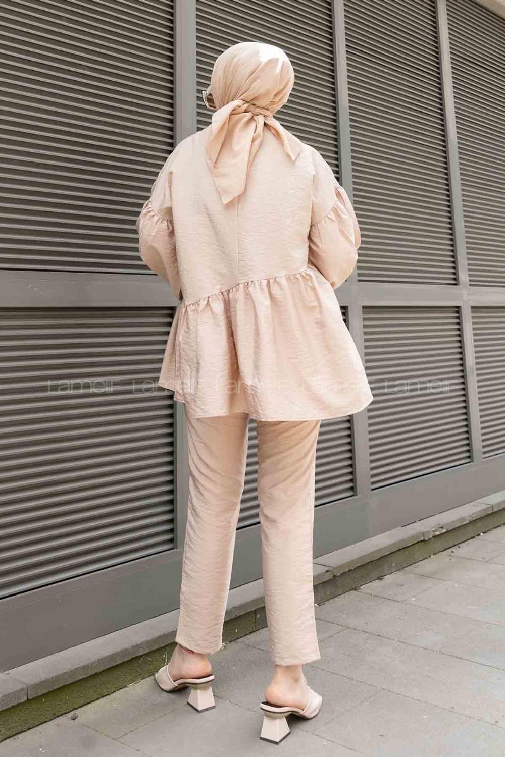 Beige Crew Neck Balloon Sleeve Arm Without Accessories Viscose Fabric Regular Trousers Comfortable Suit