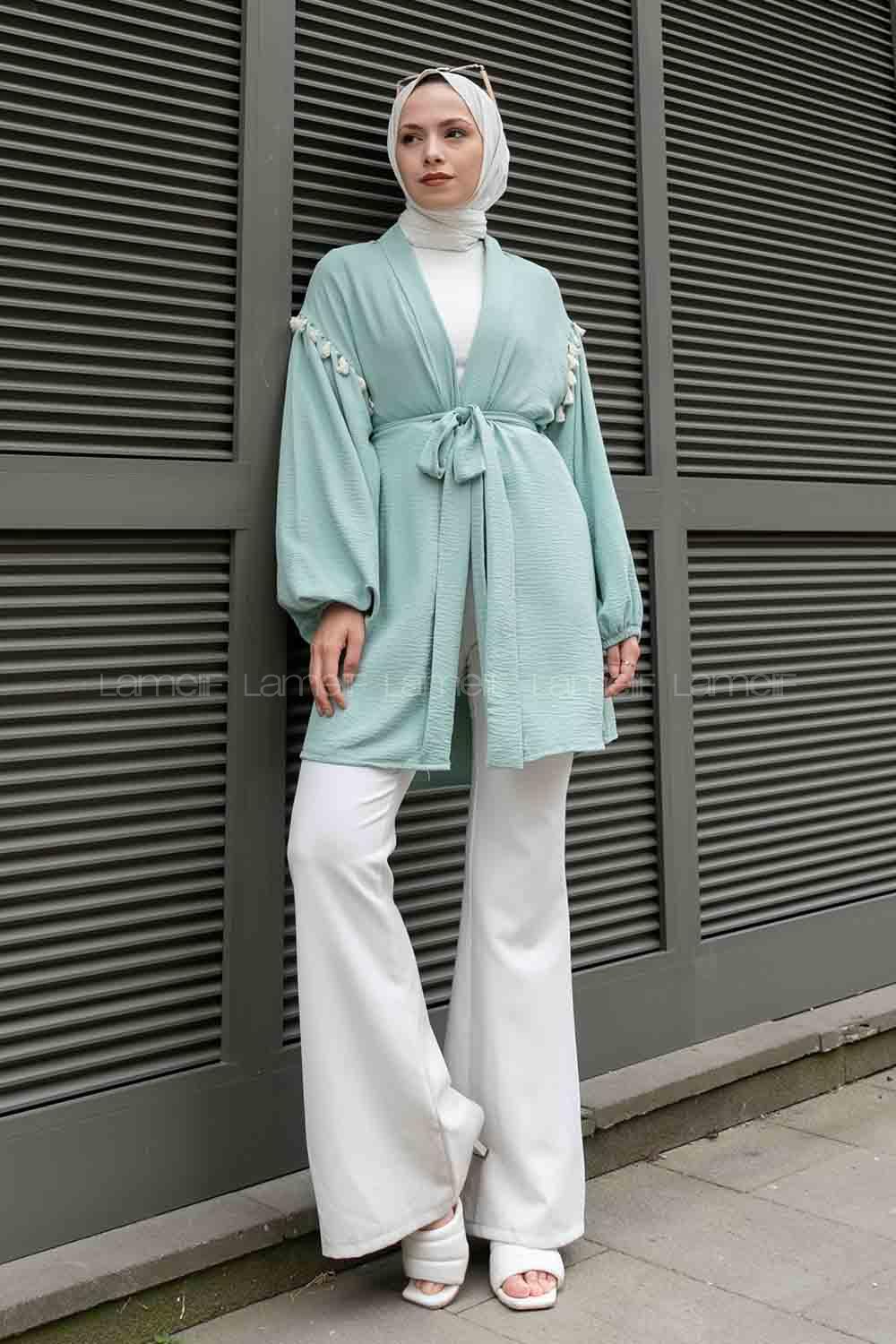 Mint Green Balloon Sleeve Arm Belted Ayrobin Kimono