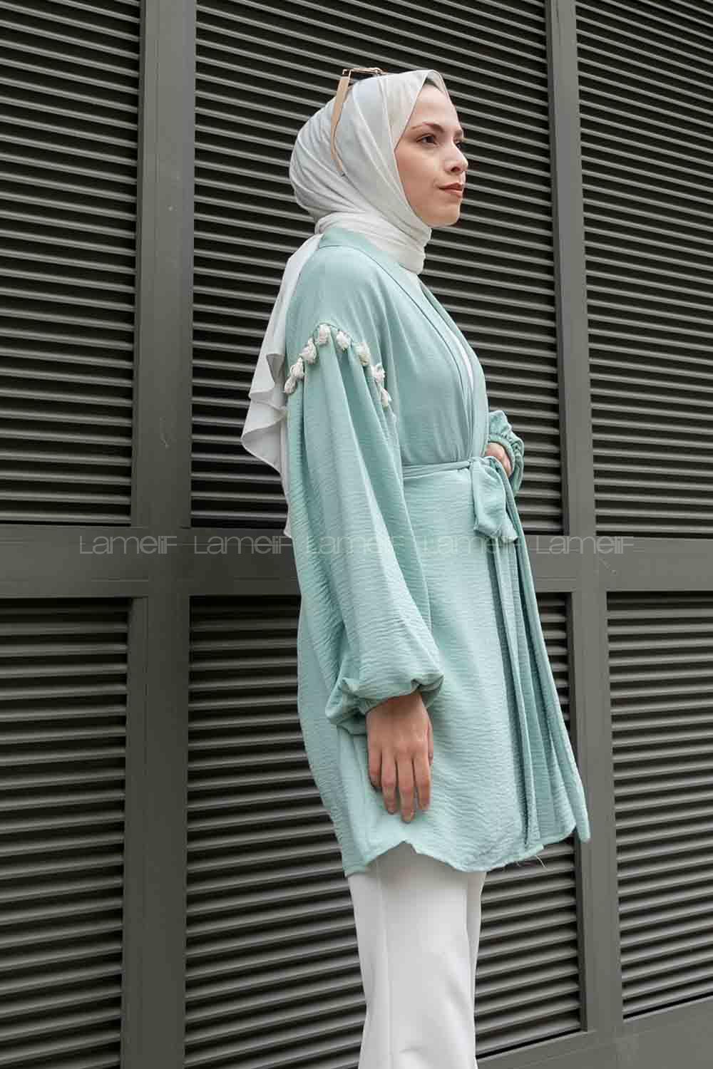 Mint Green Balloon Sleeve Arm Belted Ayrobin Kimono