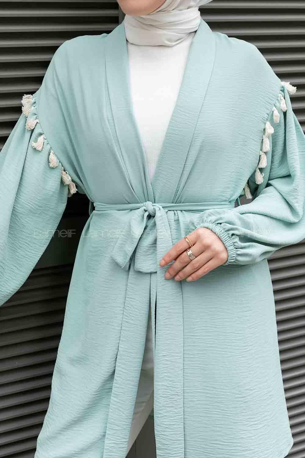 Mint Green Balloon Sleeve Arm Belted Ayrobin Kimono
