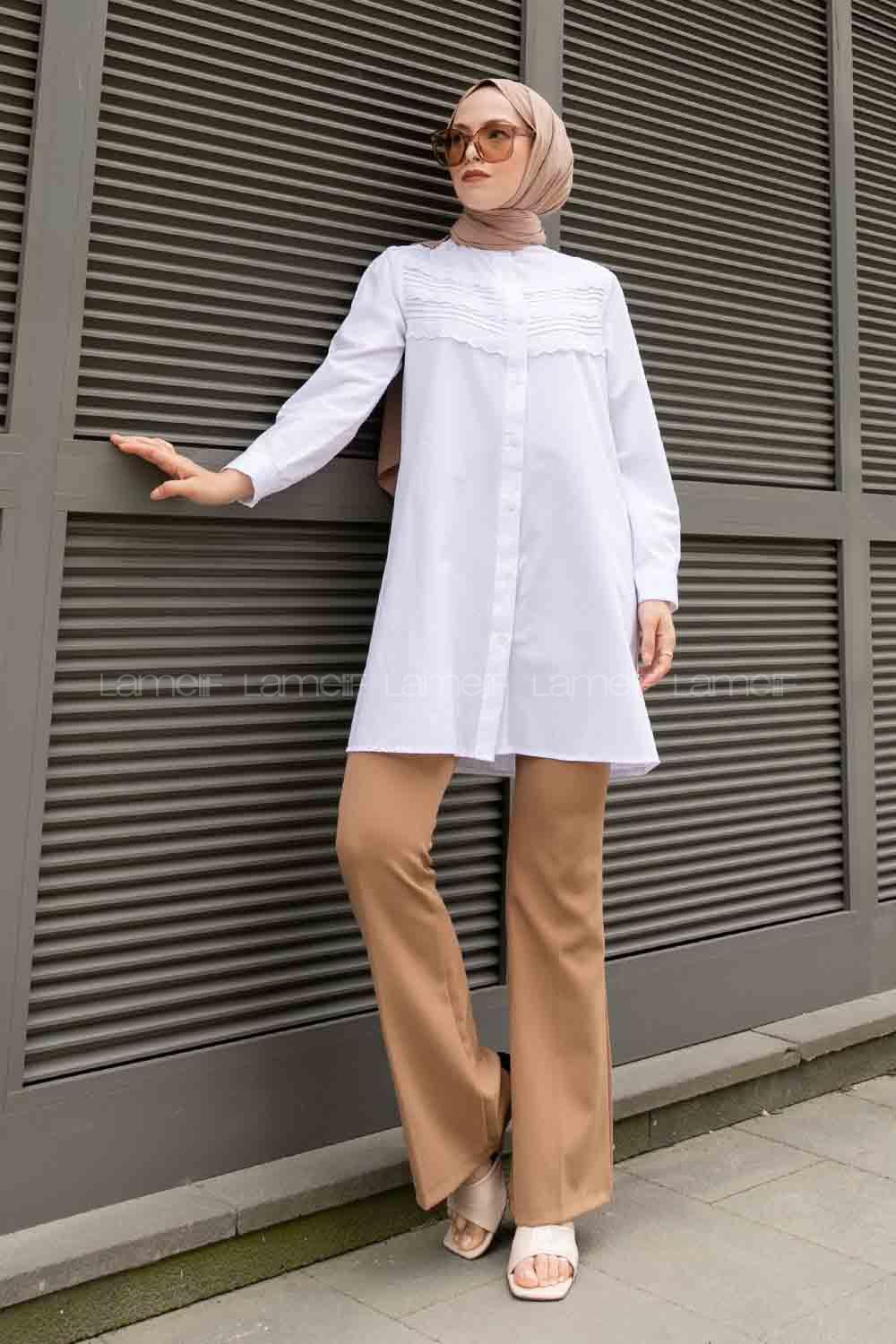 White Mandarin Collar Long Arm Cotton Unprinted Shirt