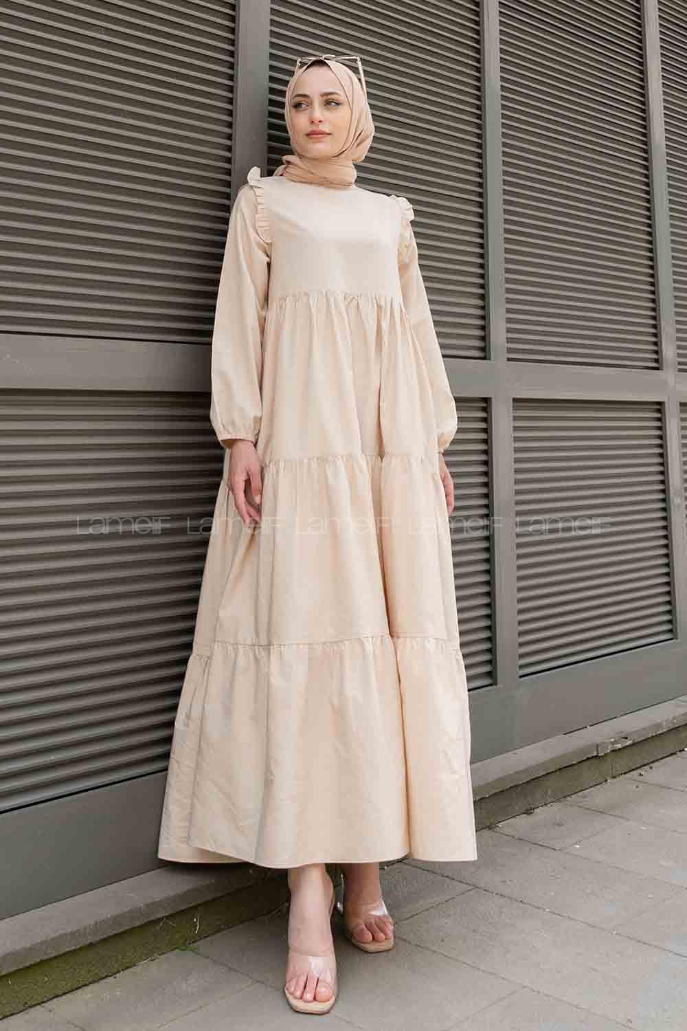 Beige Crew Neck Cotton Unprinted Dresess