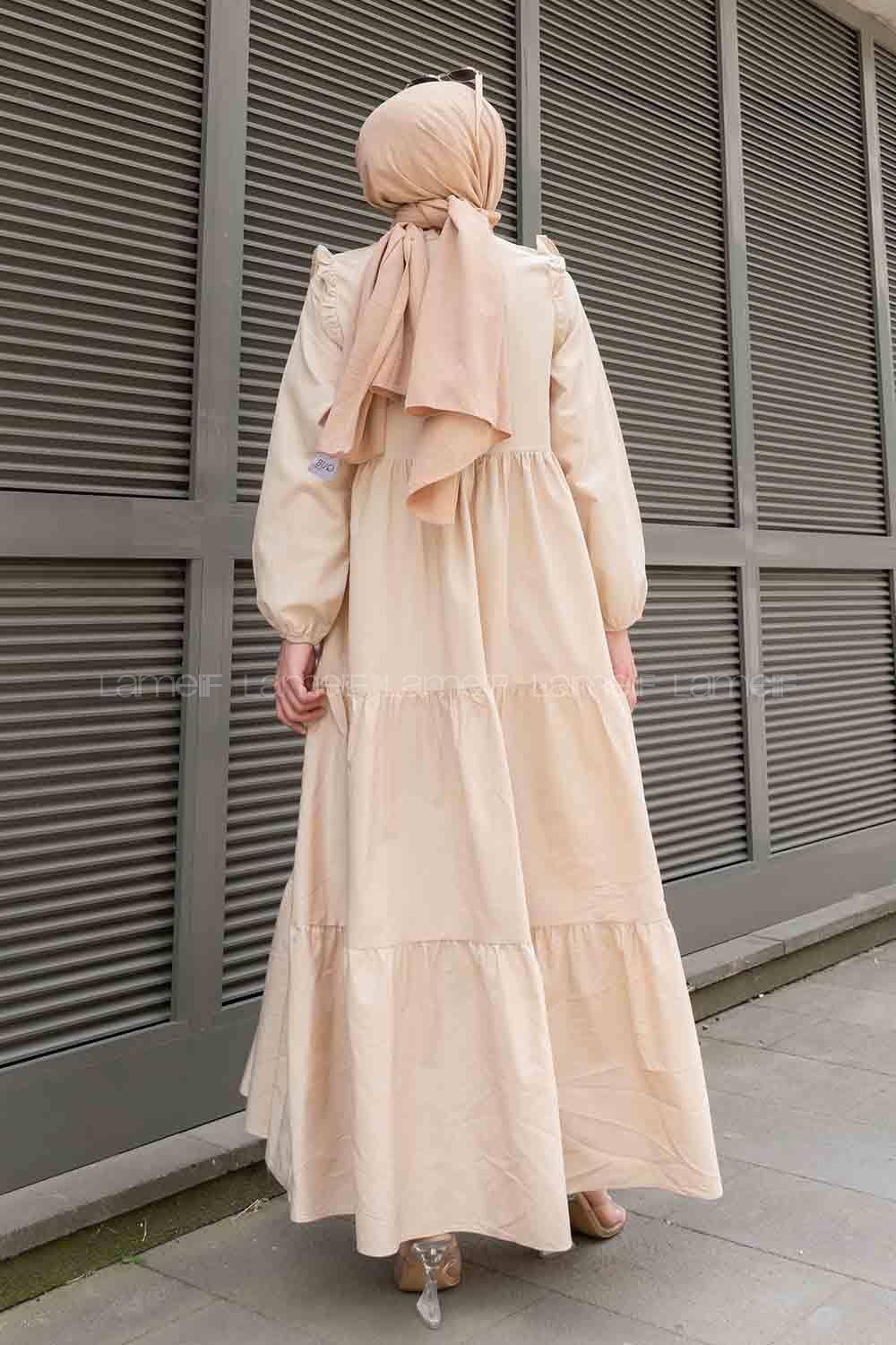 Beige Crew Neck Cotton Unprinted Dresess