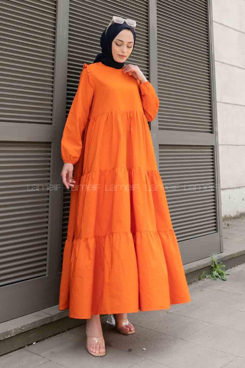 Orange Crew Neck Cotton Unprinted Dresess