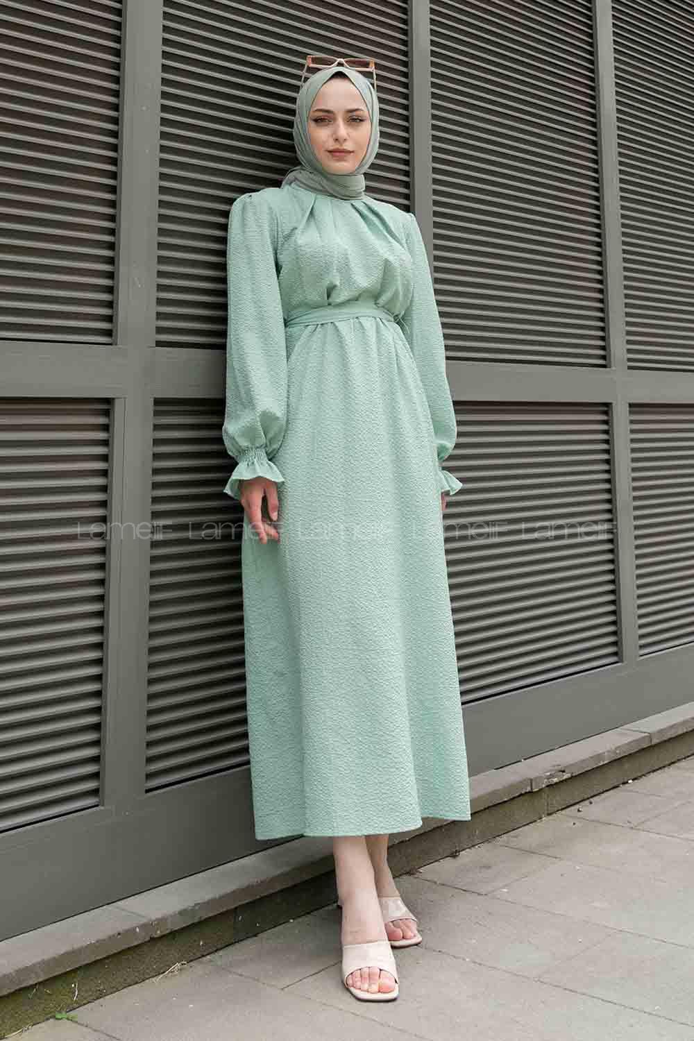 Mint Green Mandarin Collar Viscose Fabric Unprinted Dresess