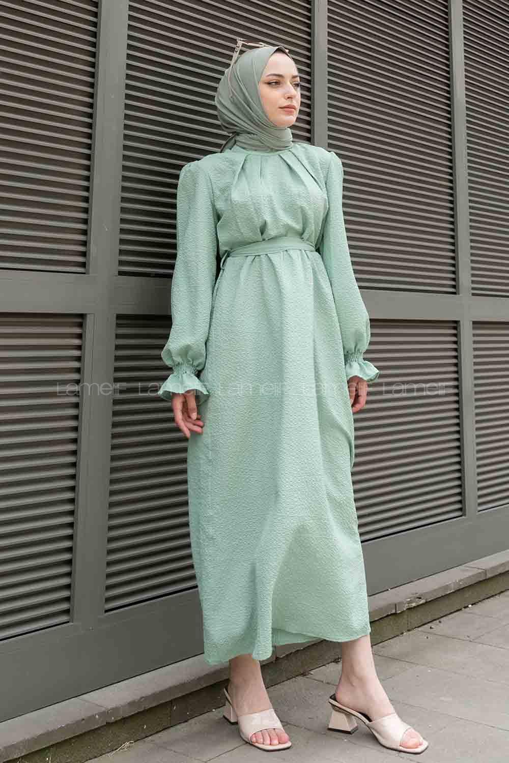 Mint Green Mandarin Collar Viscose Fabric Unprinted Dresess