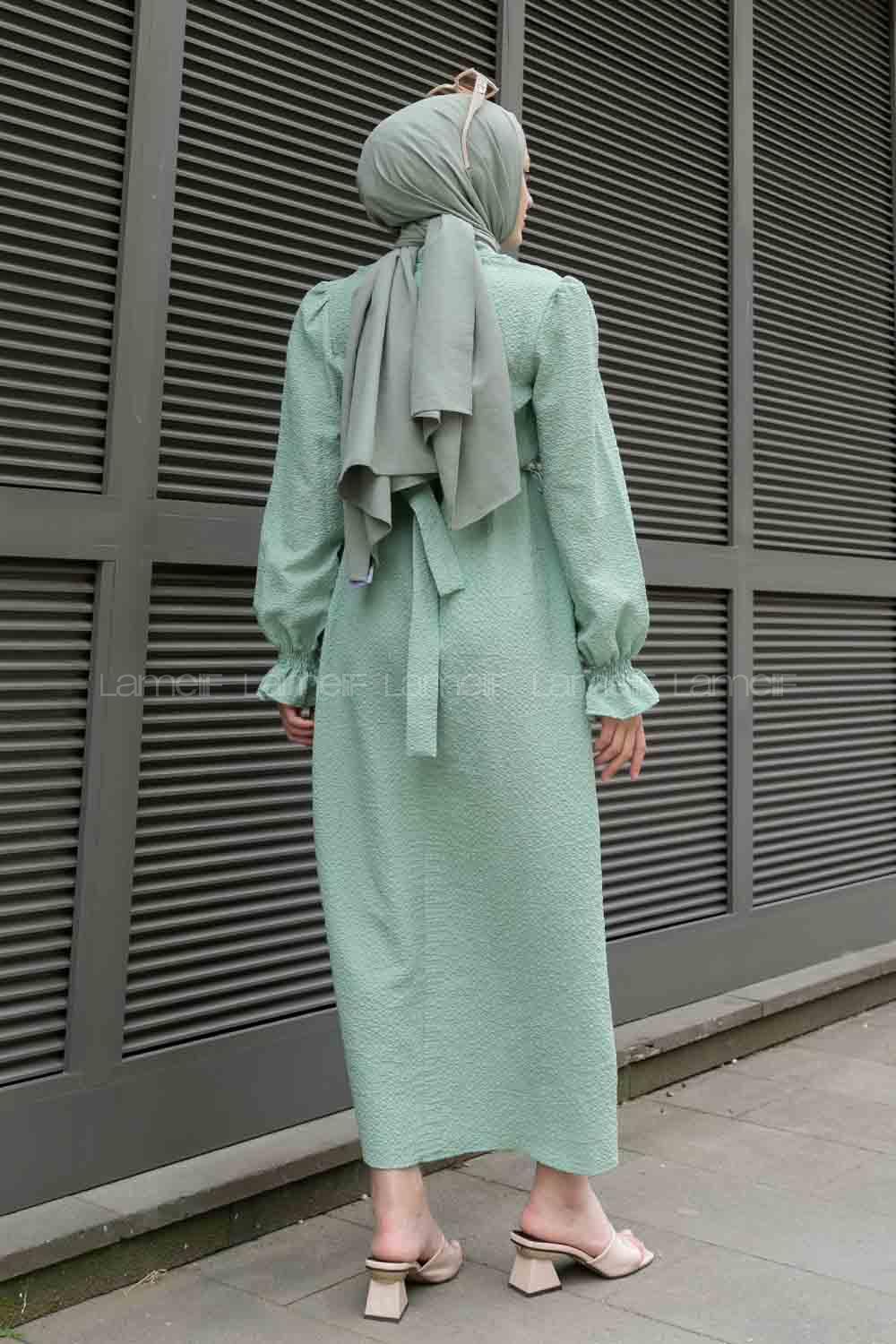 Mint Green Mandarin Collar Viscose Fabric Unprinted Dresess