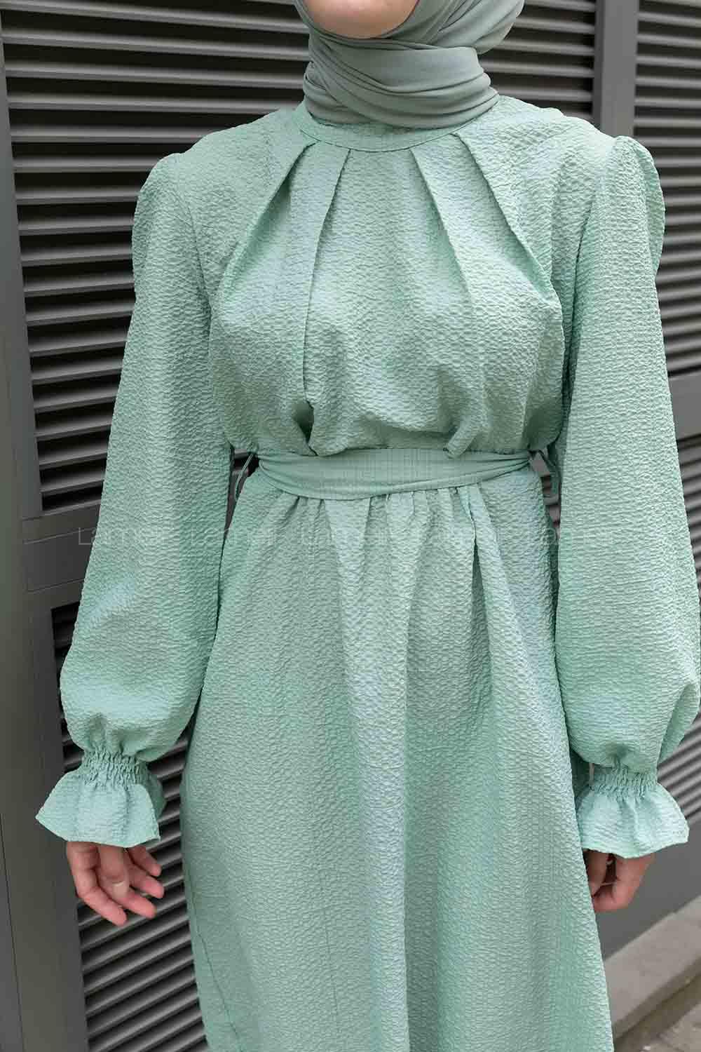 Mint Green Mandarin Collar Viscose Fabric Unprinted Dresess
