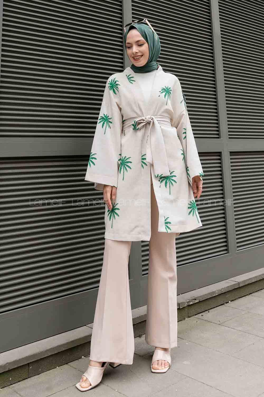 Emerald Green Long Arm Belted Linen Printed Kimono