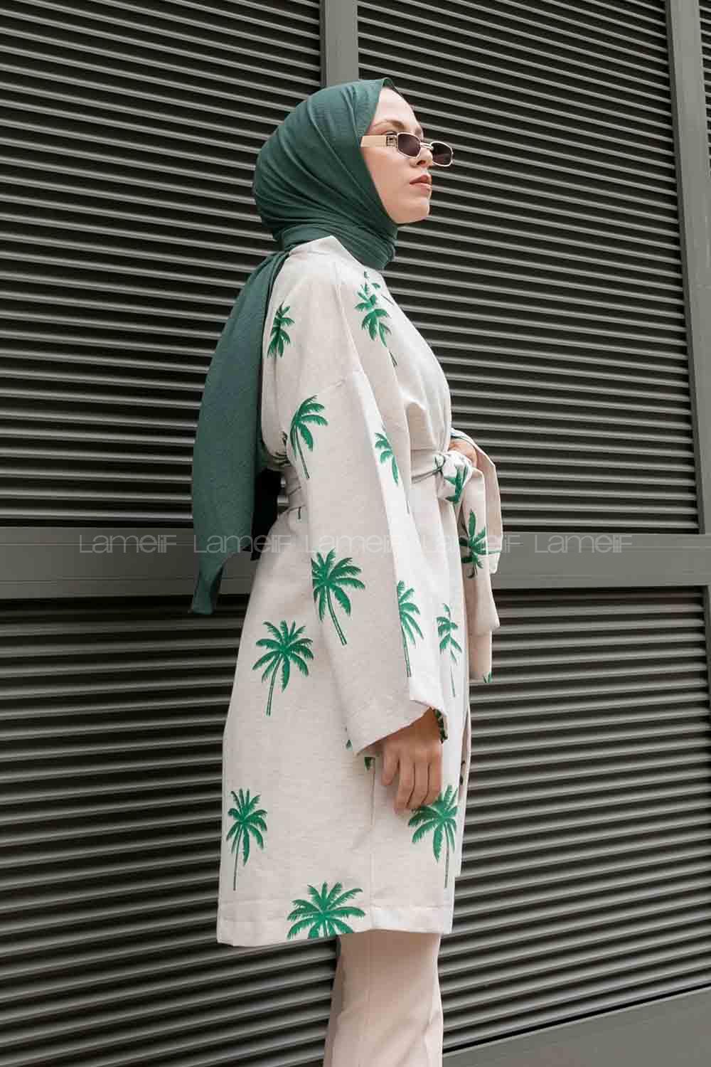Emerald Green Long Arm Belted Linen Printed Kimono