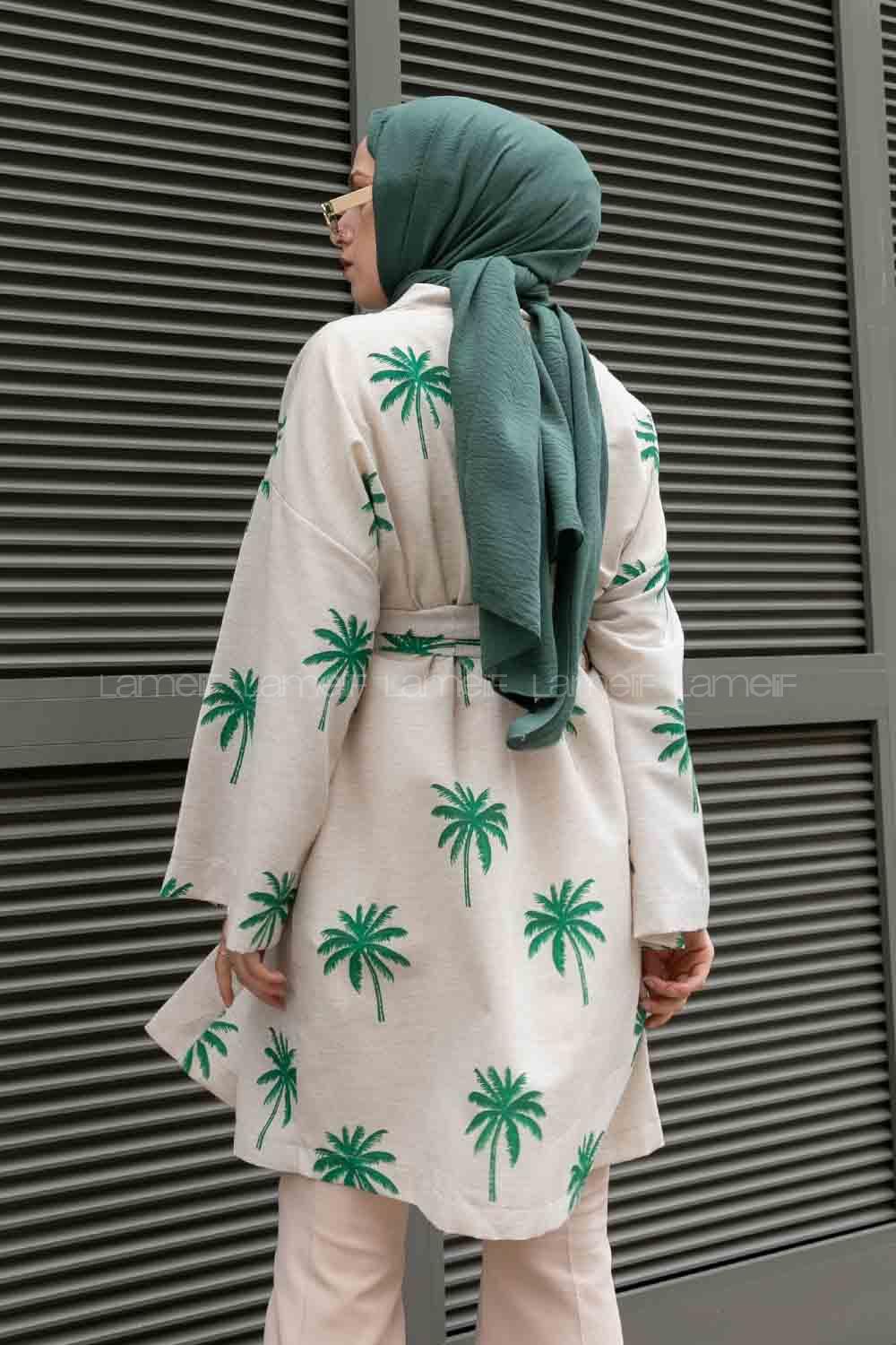 Emerald Green Long Arm Belted Linen Printed Kimono