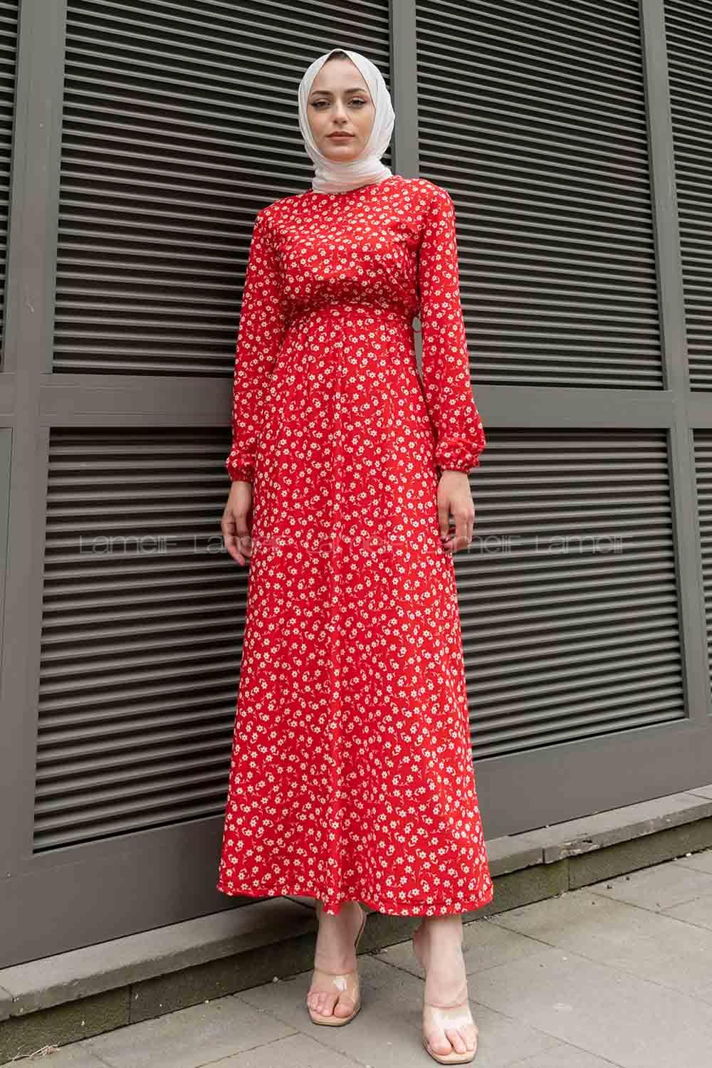 Red Crew Neck Crepe Fabric Printed Dresess