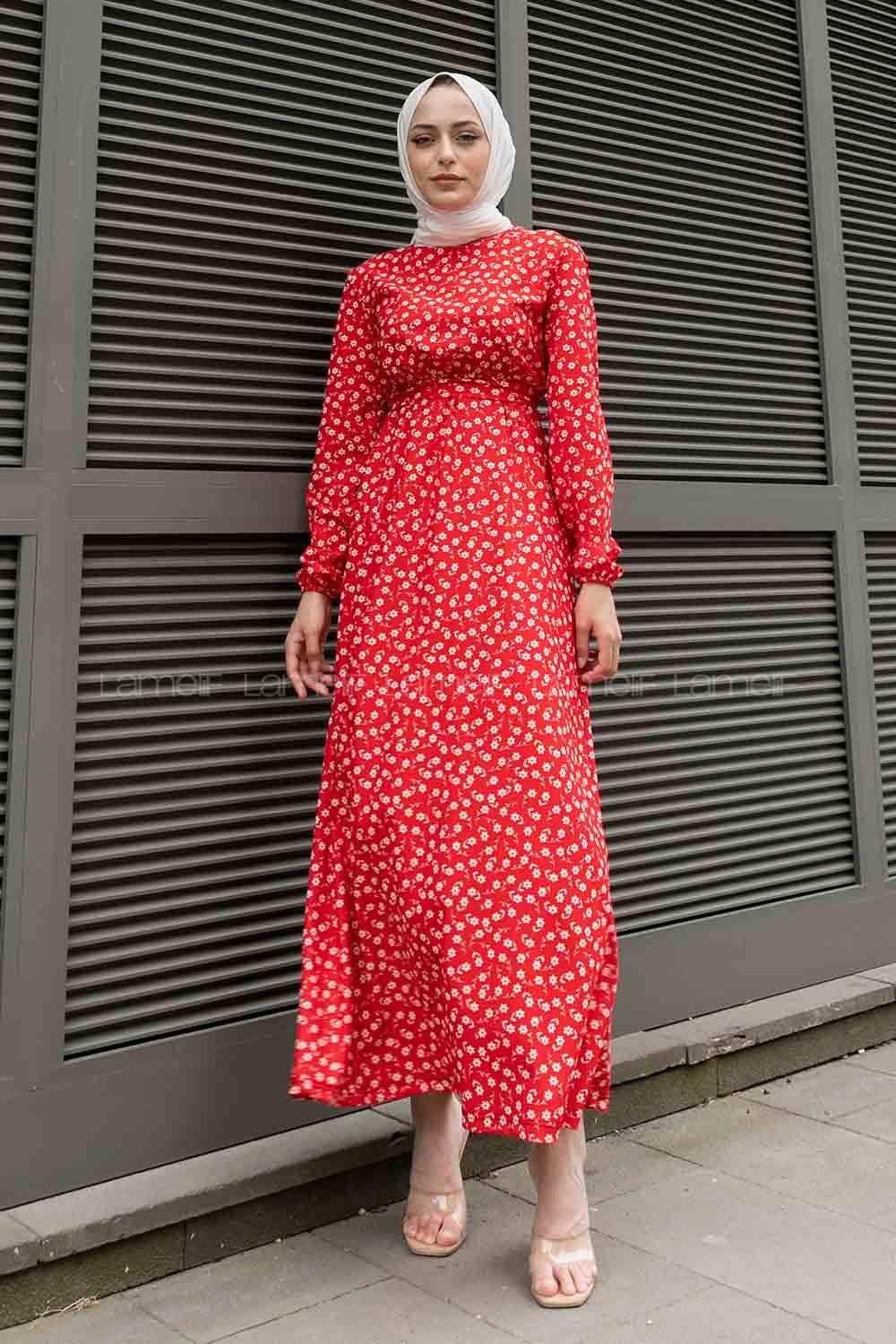 Red Crew Neck Crepe Fabric Printed Dresess