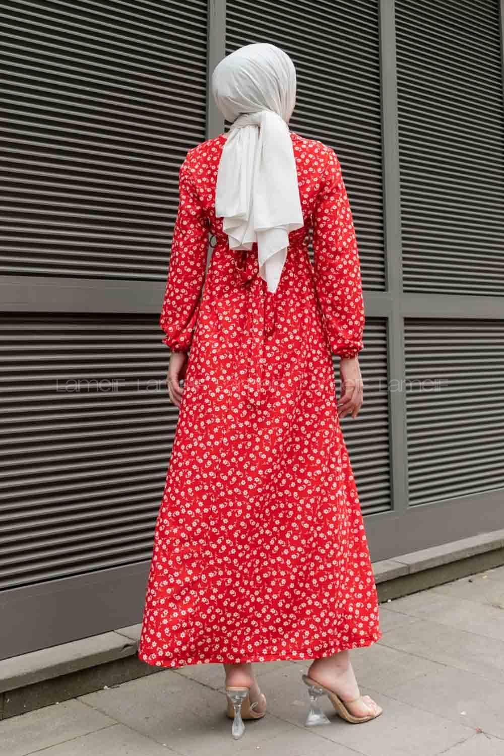 Red Crew Neck Crepe Fabric Printed Dresess