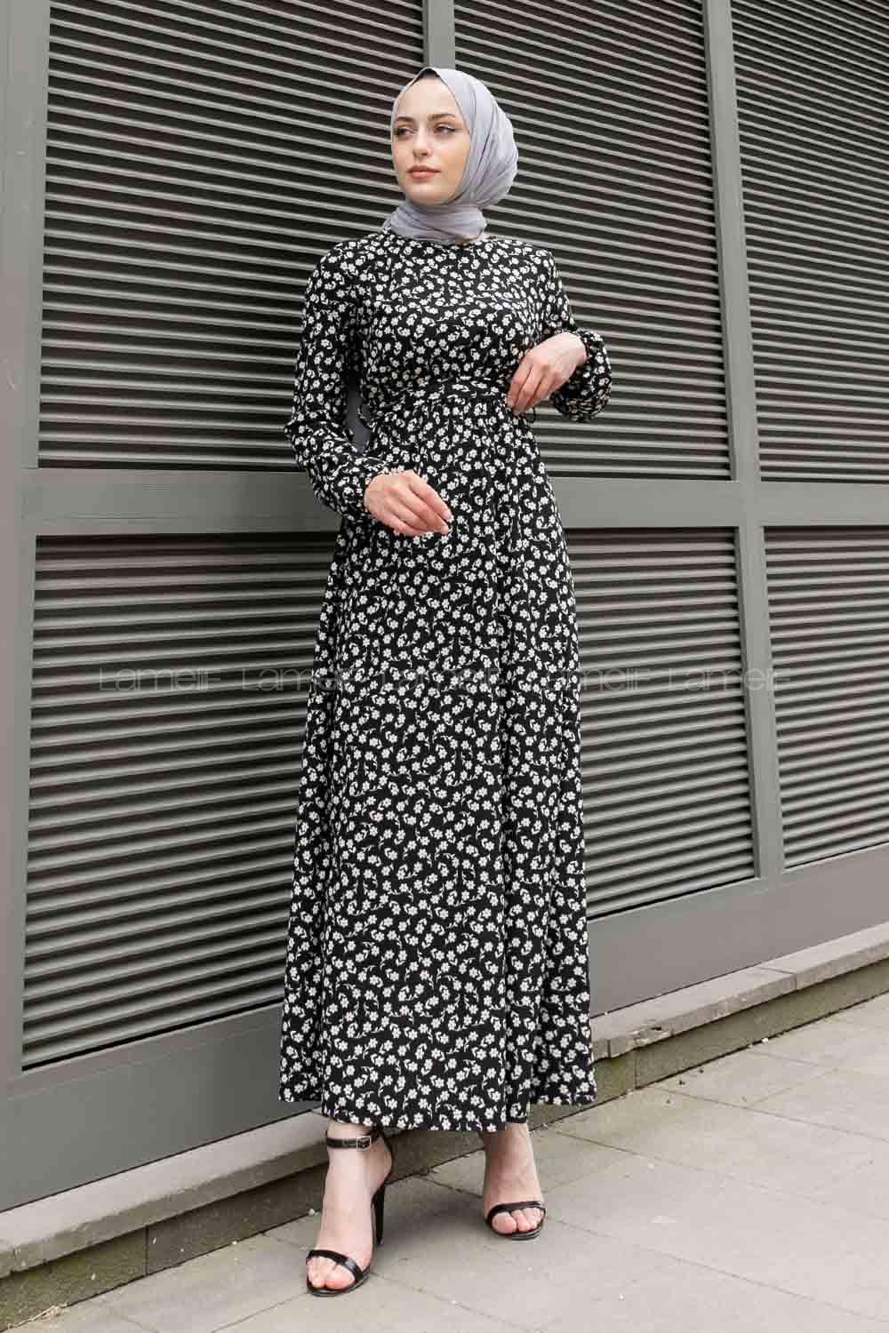 Black Crew Neck Crepe Fabric Printed Dresess