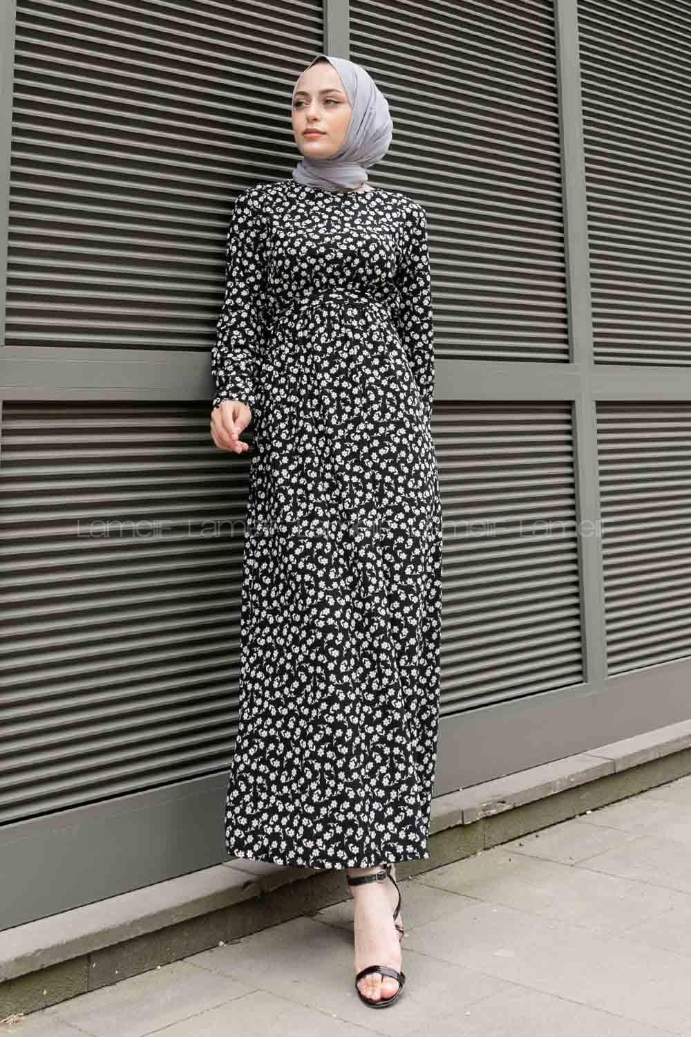 Black Crew Neck Crepe Fabric Printed Dresess