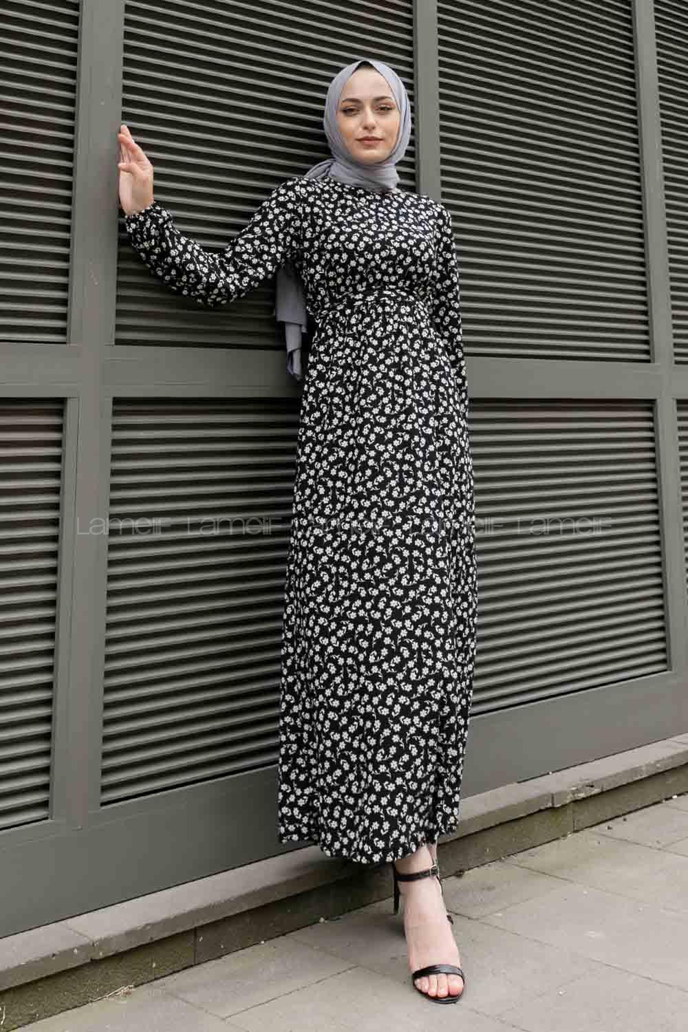 Black Crew Neck Crepe Fabric Printed Dresess