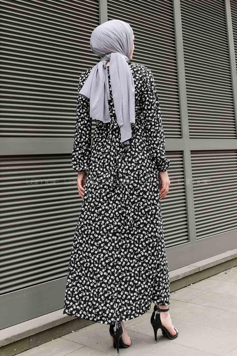 Black Crew Neck Crepe Fabric Printed Dresess