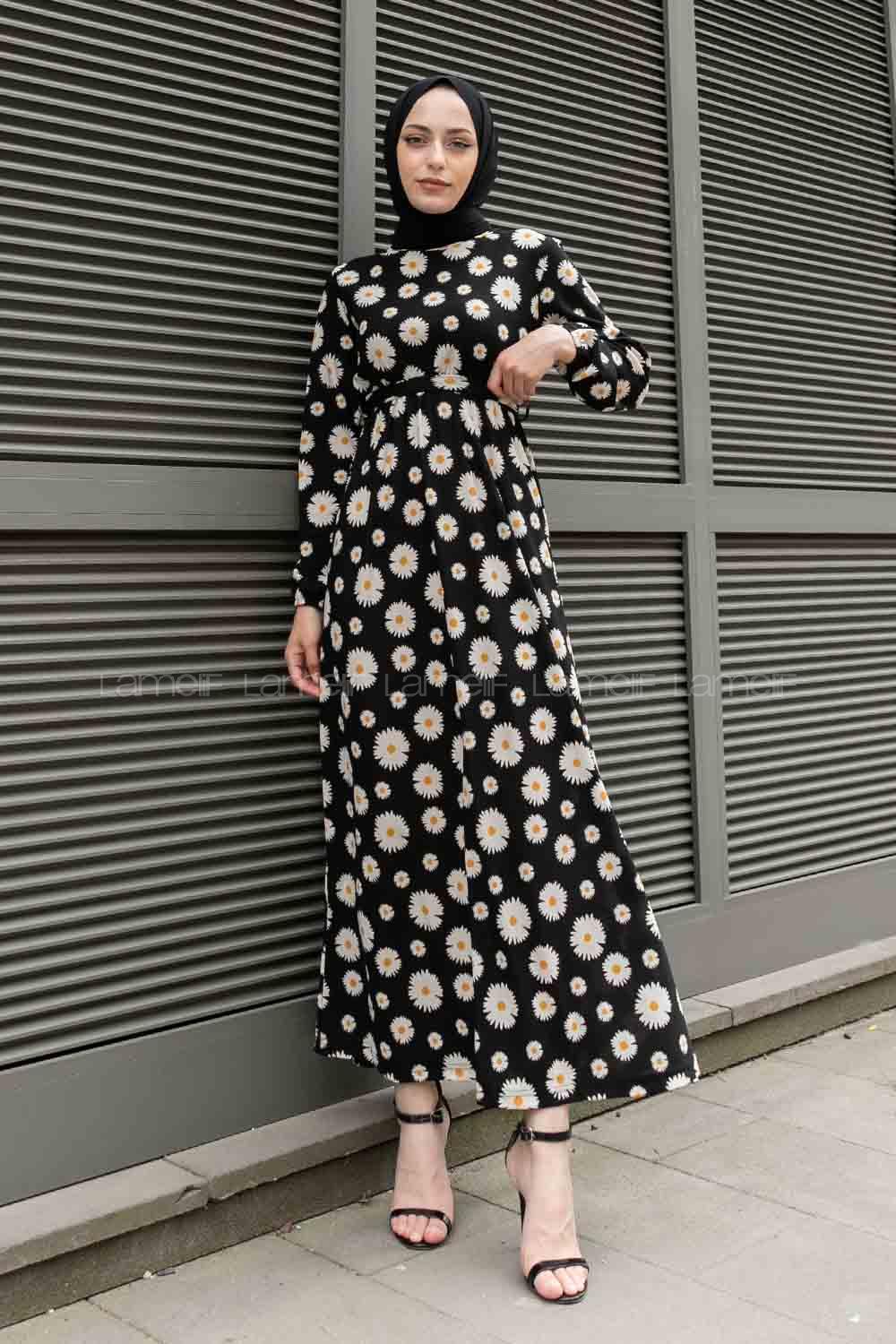 Black Crew Neck Crepe Fabric Printed Dresess