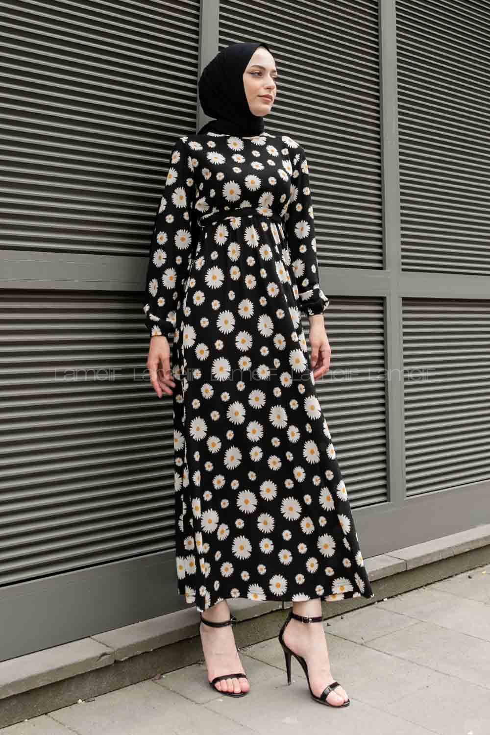 Black Crew Neck Crepe Fabric Printed Dresess