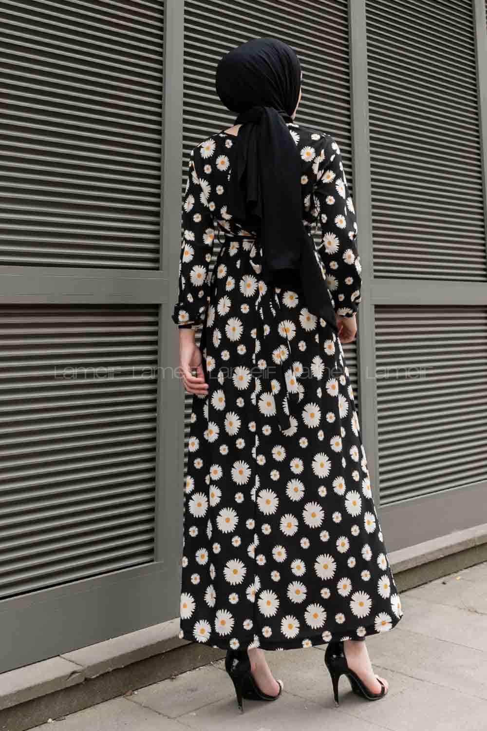 Black Crew Neck Crepe Fabric Printed Dresess