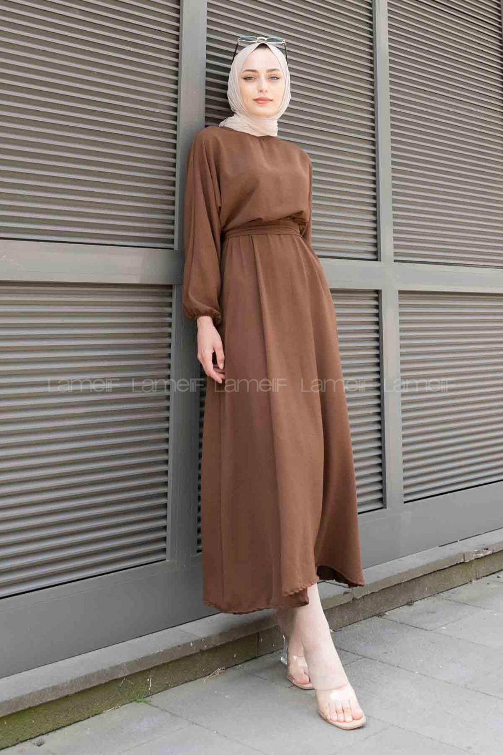 Dark Brown Crew Neck Acrylic Unprinted Dresess