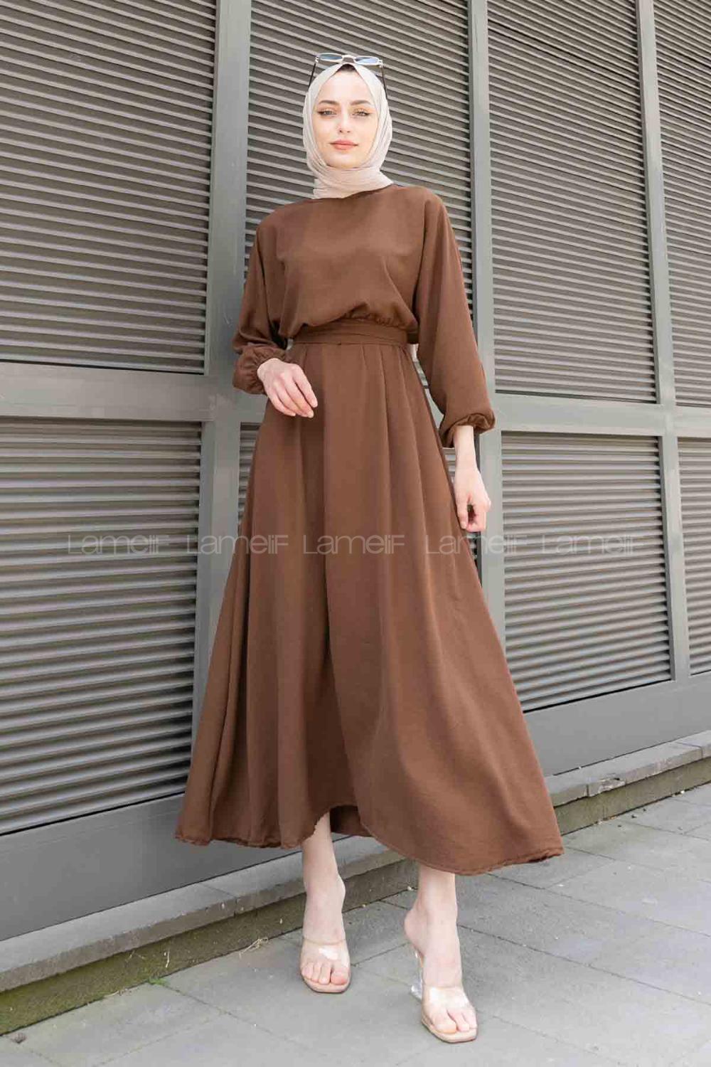 Dark Brown Crew Neck Acrylic Unprinted Dresess