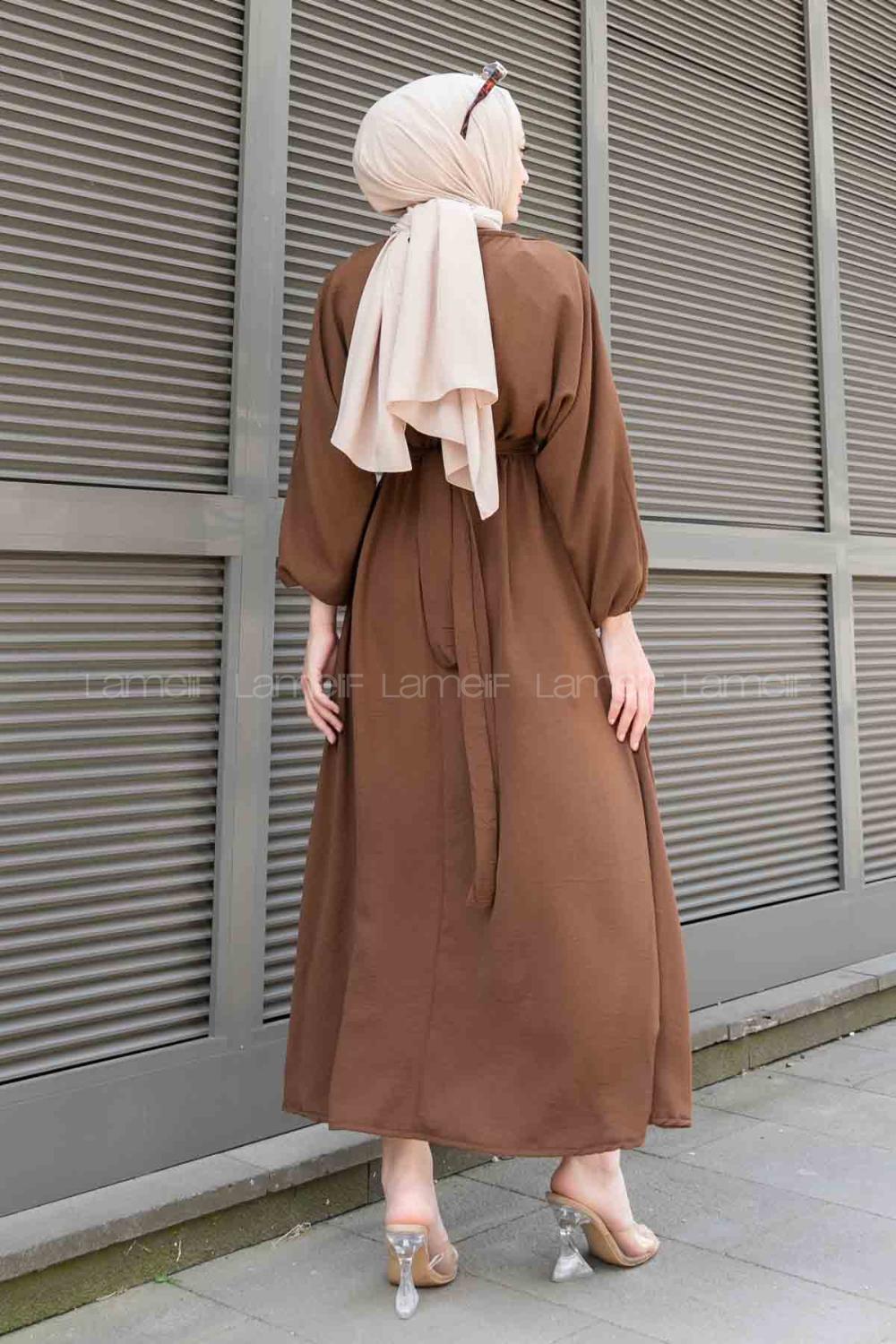 Dark Brown Crew Neck Acrylic Unprinted Dresess