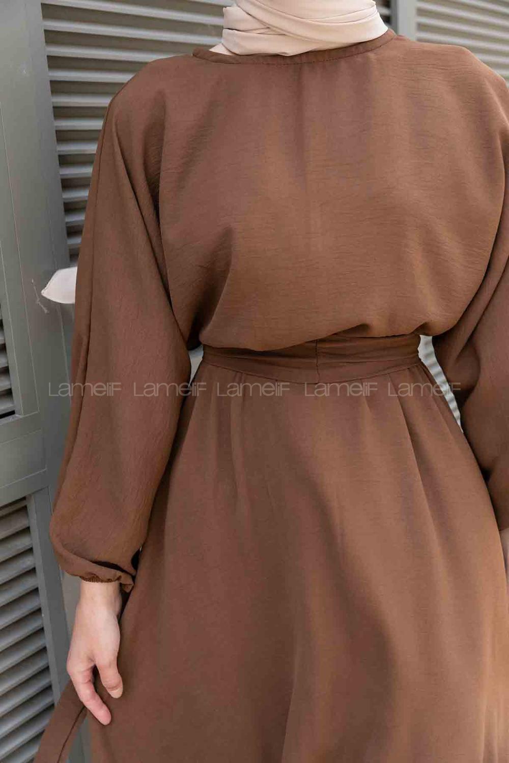 Dark Brown Crew Neck Acrylic Unprinted Dresess